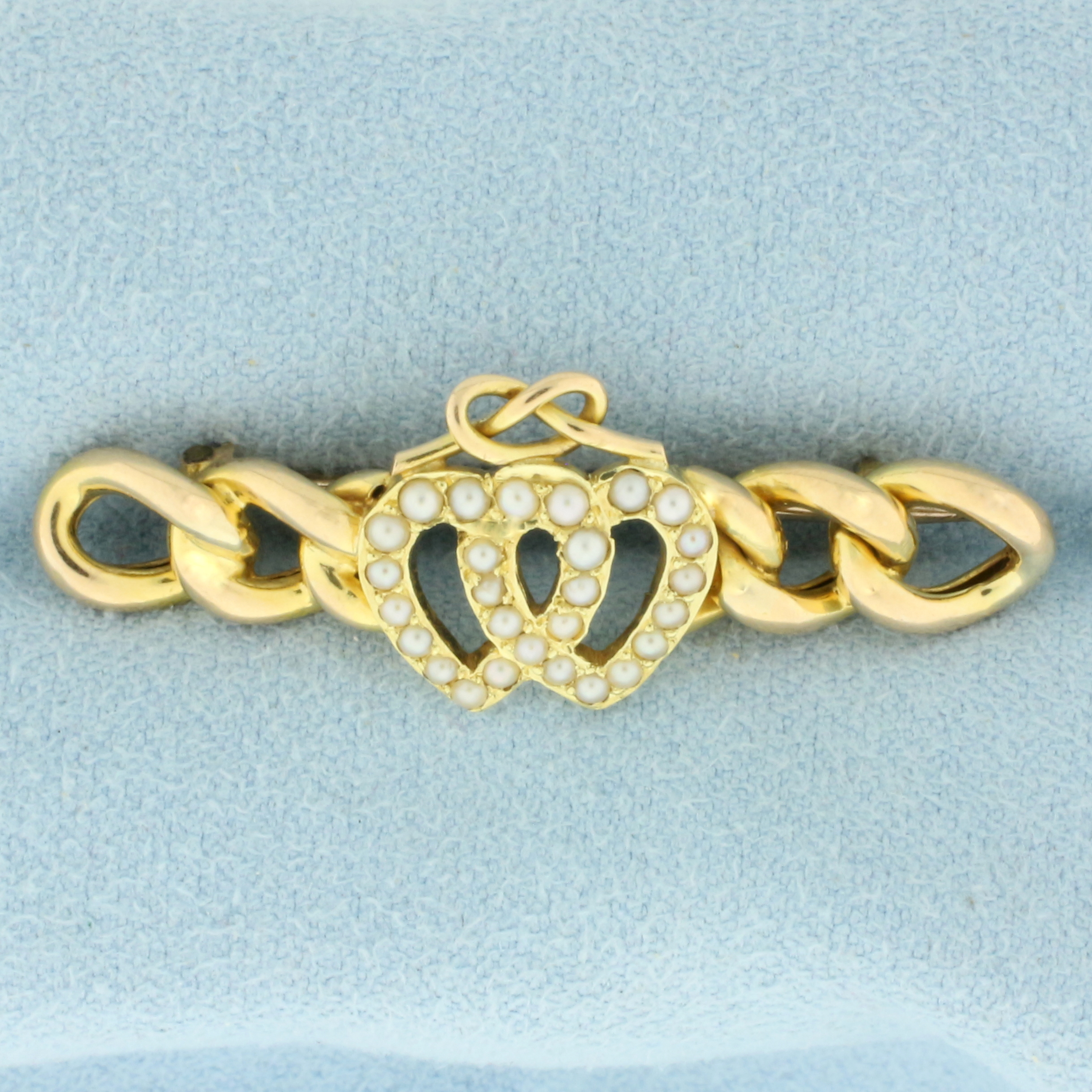 Antique 1894 Victorian Heart Seed Pearl Pin Brooch in 15k Yellow Gold