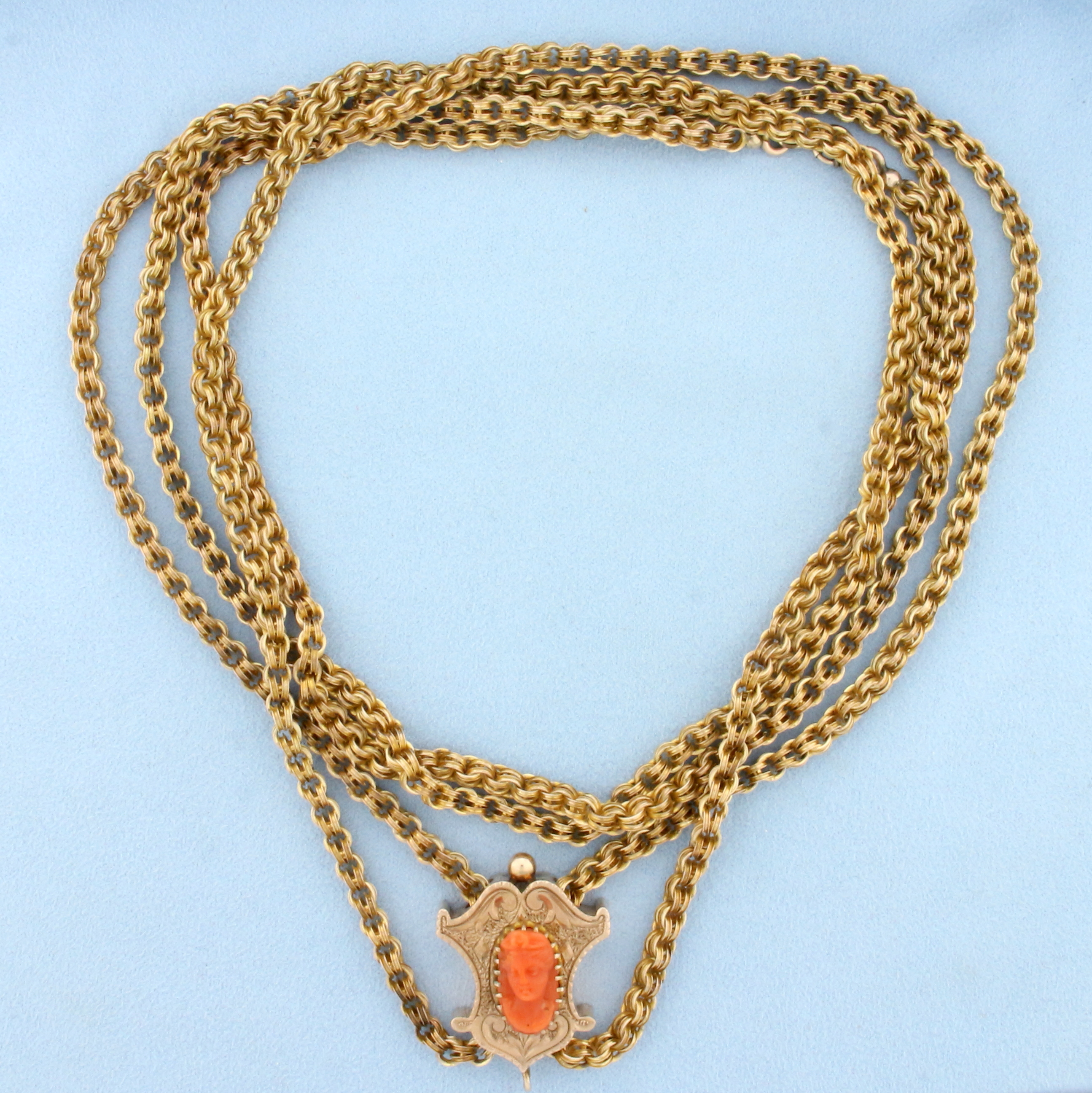 Antique 64 Inch Cable Link Necklace with Pink Coral Cameo Pendant in 12k Yellow Gold