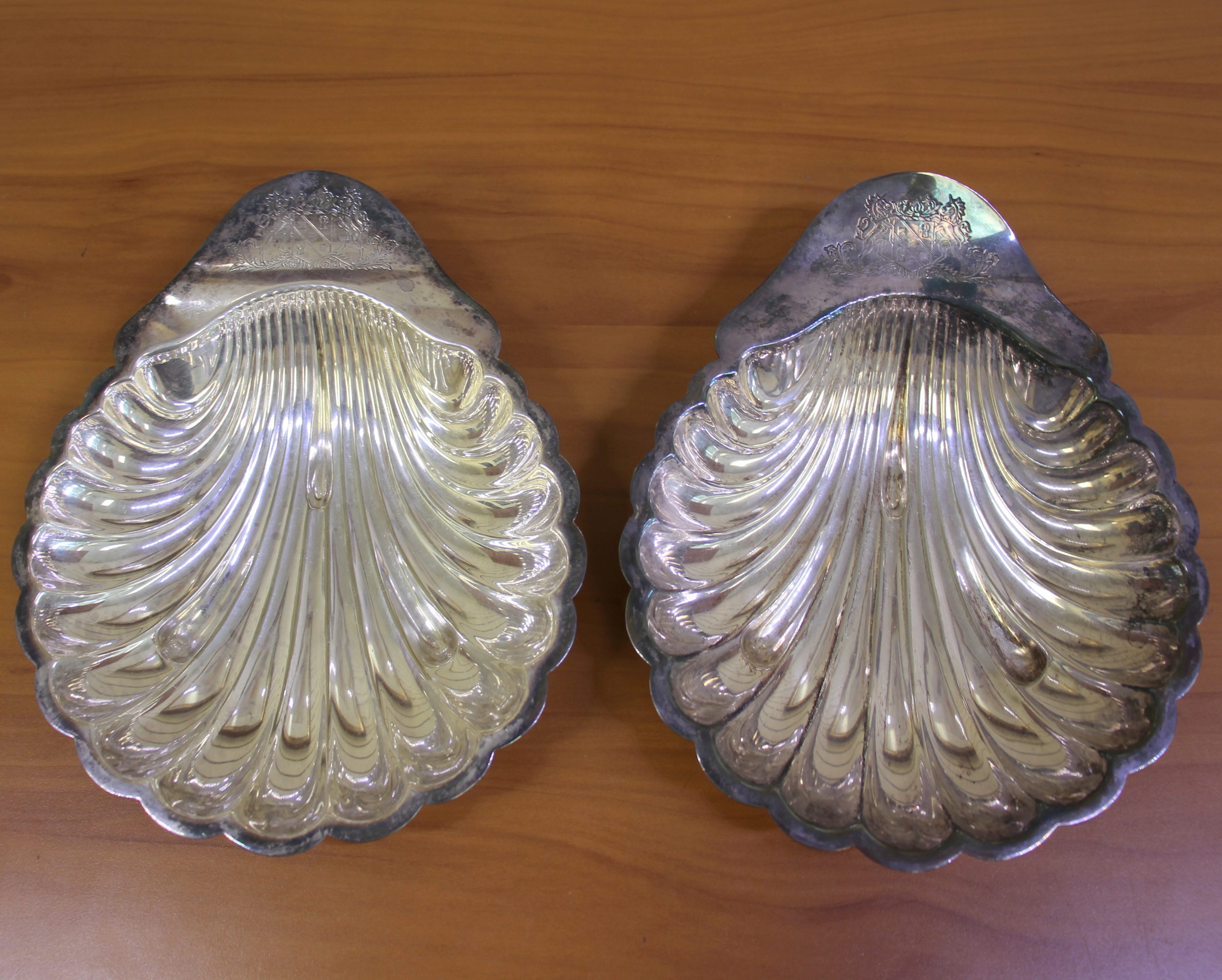 Antique Barker Brothers Fine English Silver Plated Heraldic Shell Bowls, Set of Two