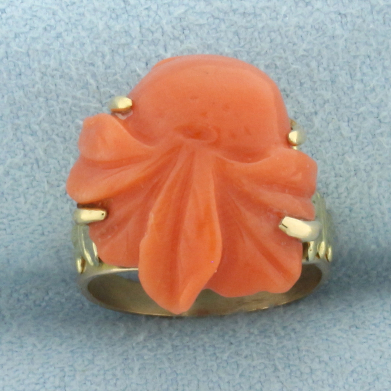 Antique Carved Red Coral Pinky Ring in 10k Rose Gold