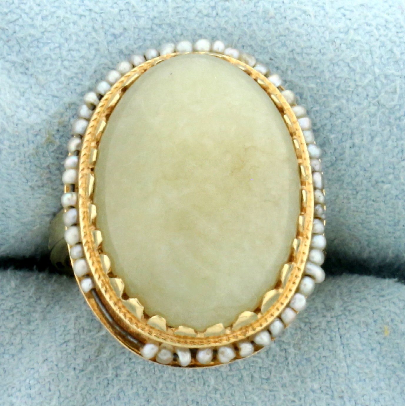 Antique Jade and Rotating Seed Pearl Ring in 14k Yellow Gold