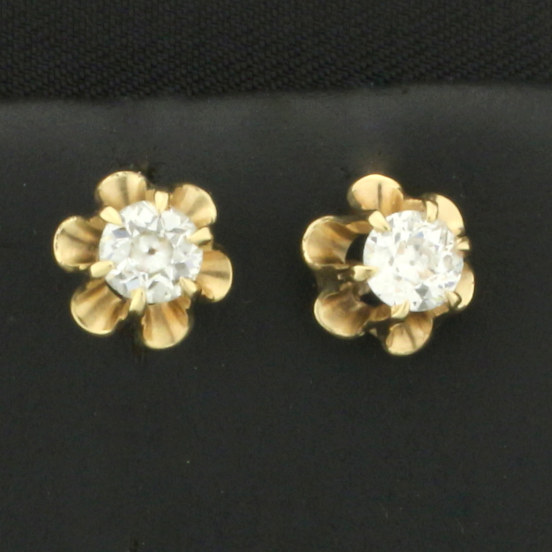 Antique Old European Cut Buttercup Stud Earrings in 14k Yellow Gold