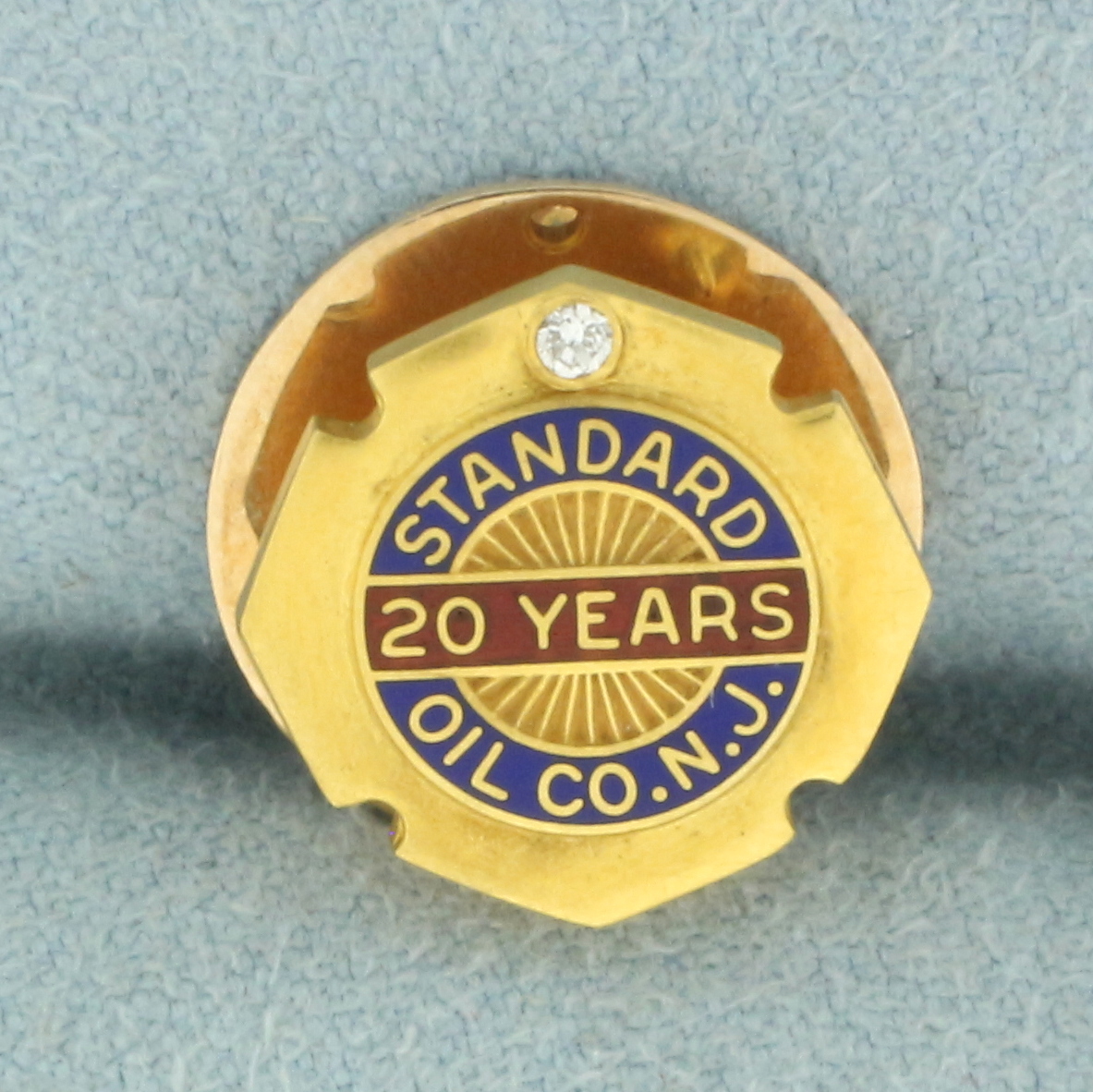 Antique Standard Oil Co. N.J. 20 Years Enamel Diamond Pin in 14k Yellow Gold