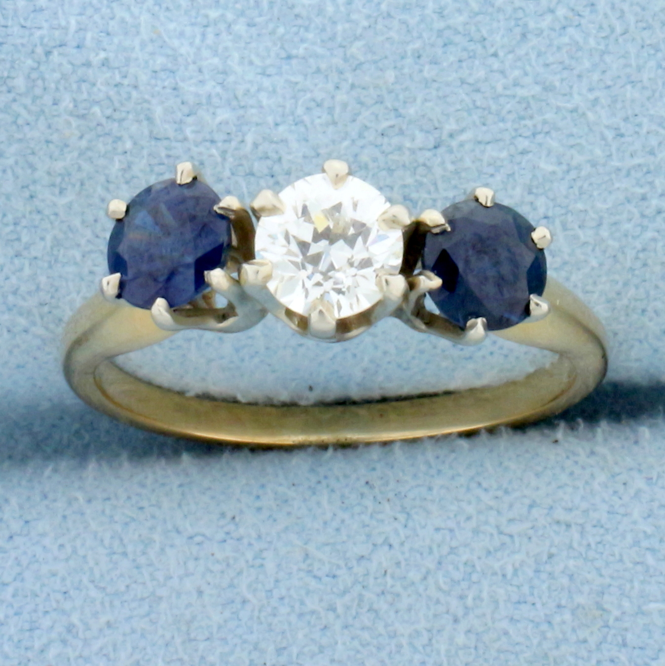 Antique Three Stone Sapphire and Diamond Ring in 14K Yellow and White Gold
