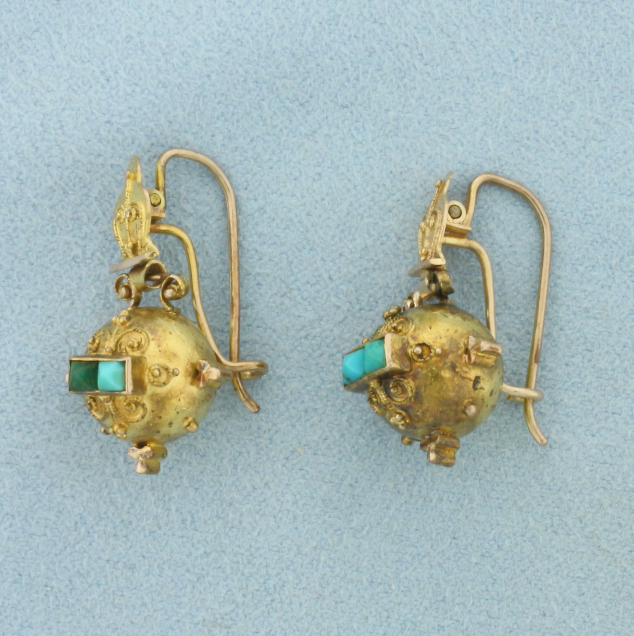 Antique Turquoise Dangle Earrings in 10k Yellow Gold