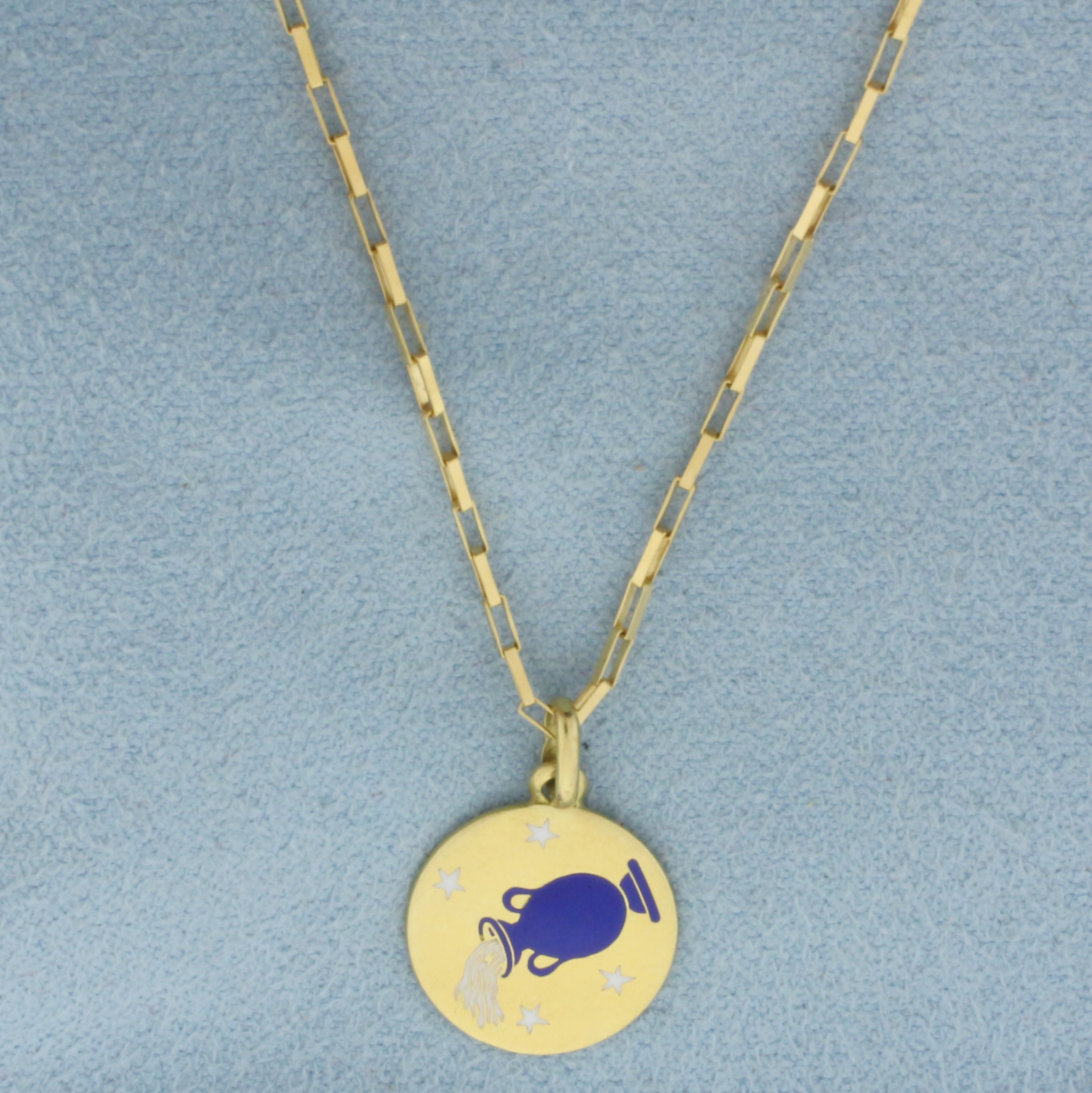 Aquarius Zodiac Water Bearer Necklace in 18k Yellow Gold