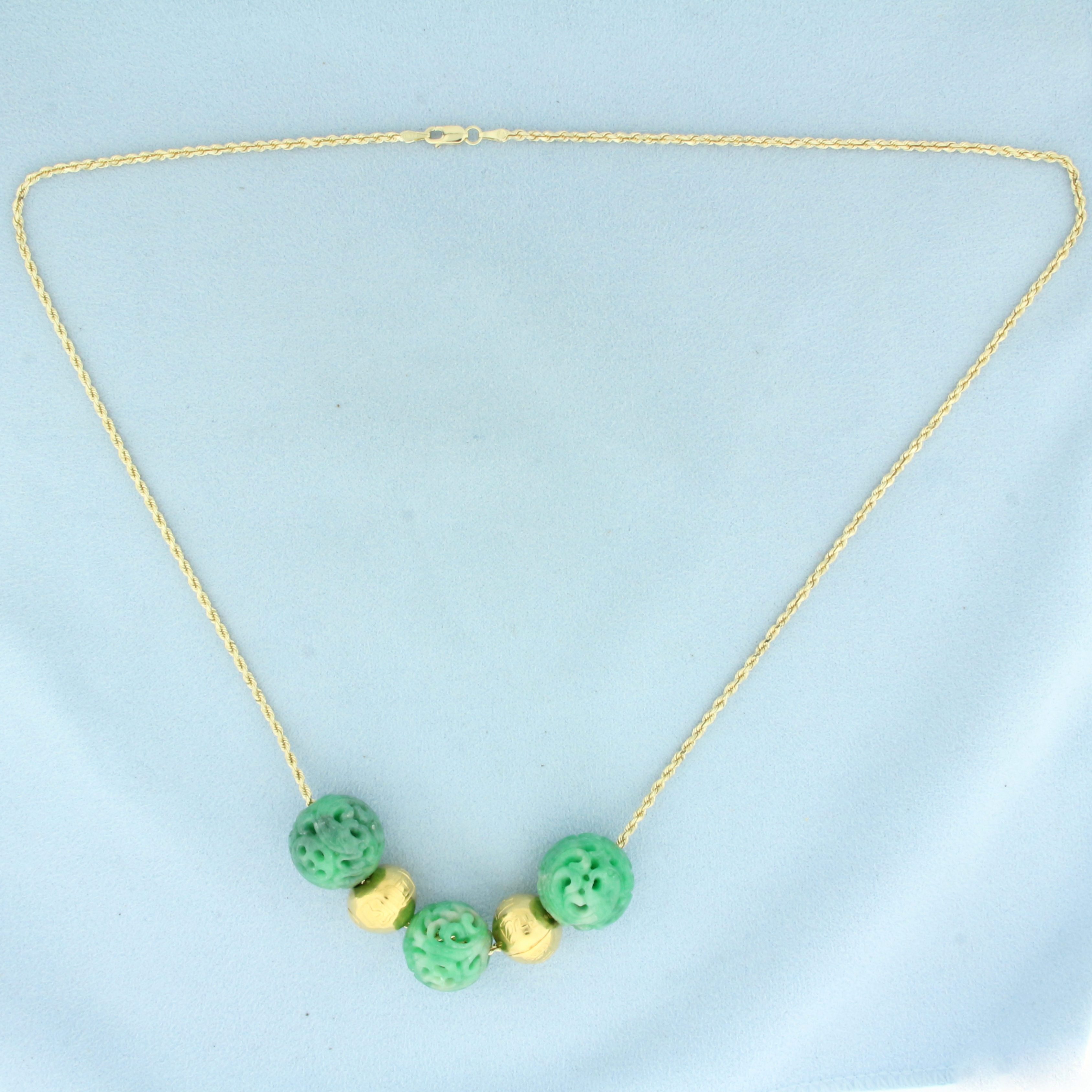 Carved Jade and Gold Bead Necklace in 14k Yellow Gold