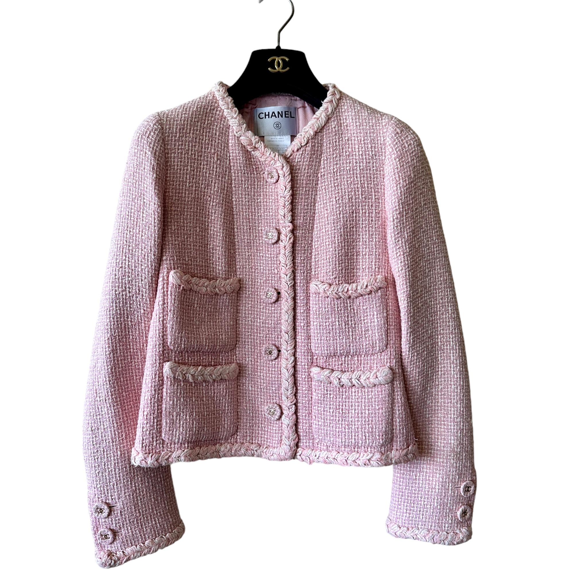 Chanel Barbie Pink 07P Braided CC Logo Button Tweed Short Jacket 38