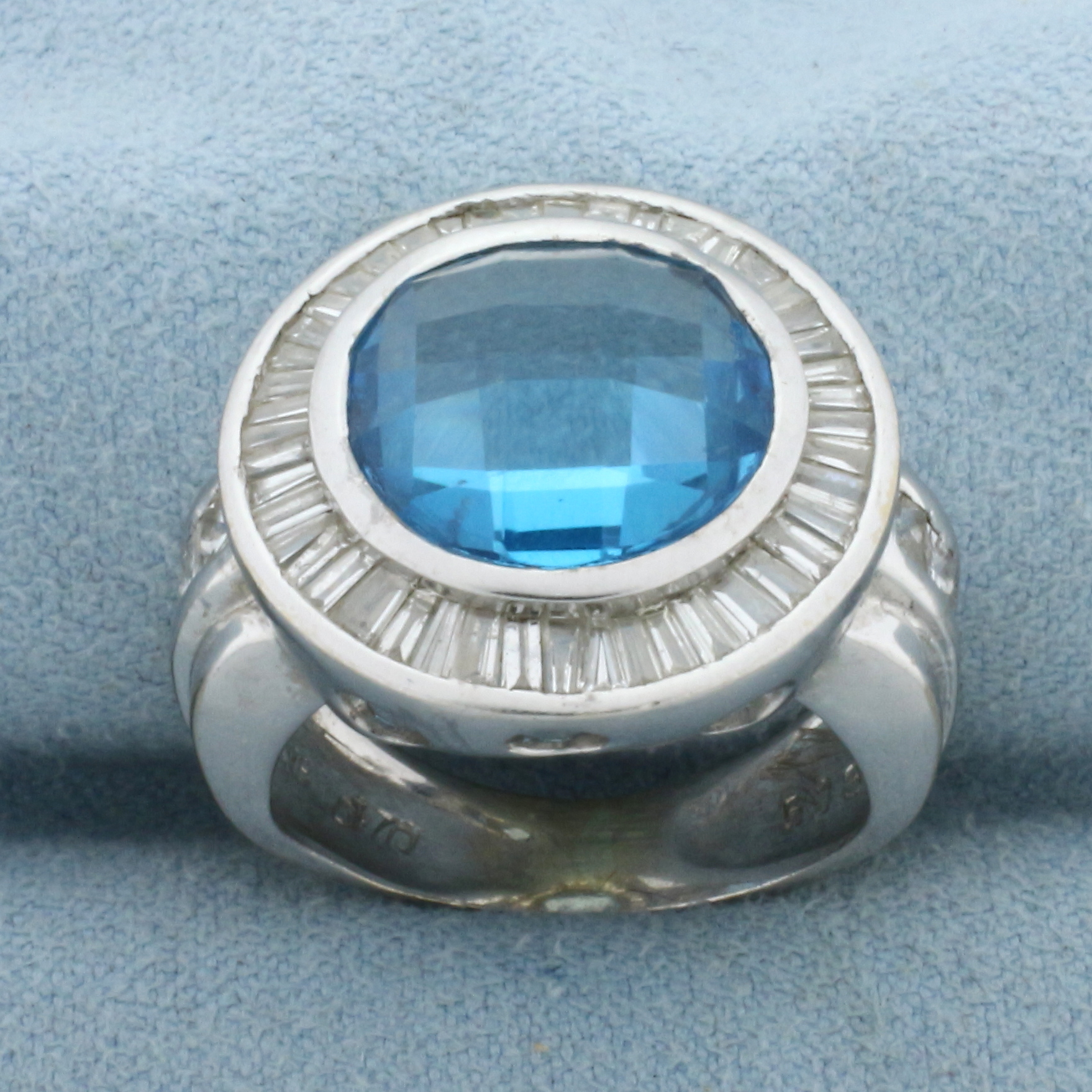 Checkerboard Cut Swiss Blue Topaz and Diamond Ring in 18k White Gold