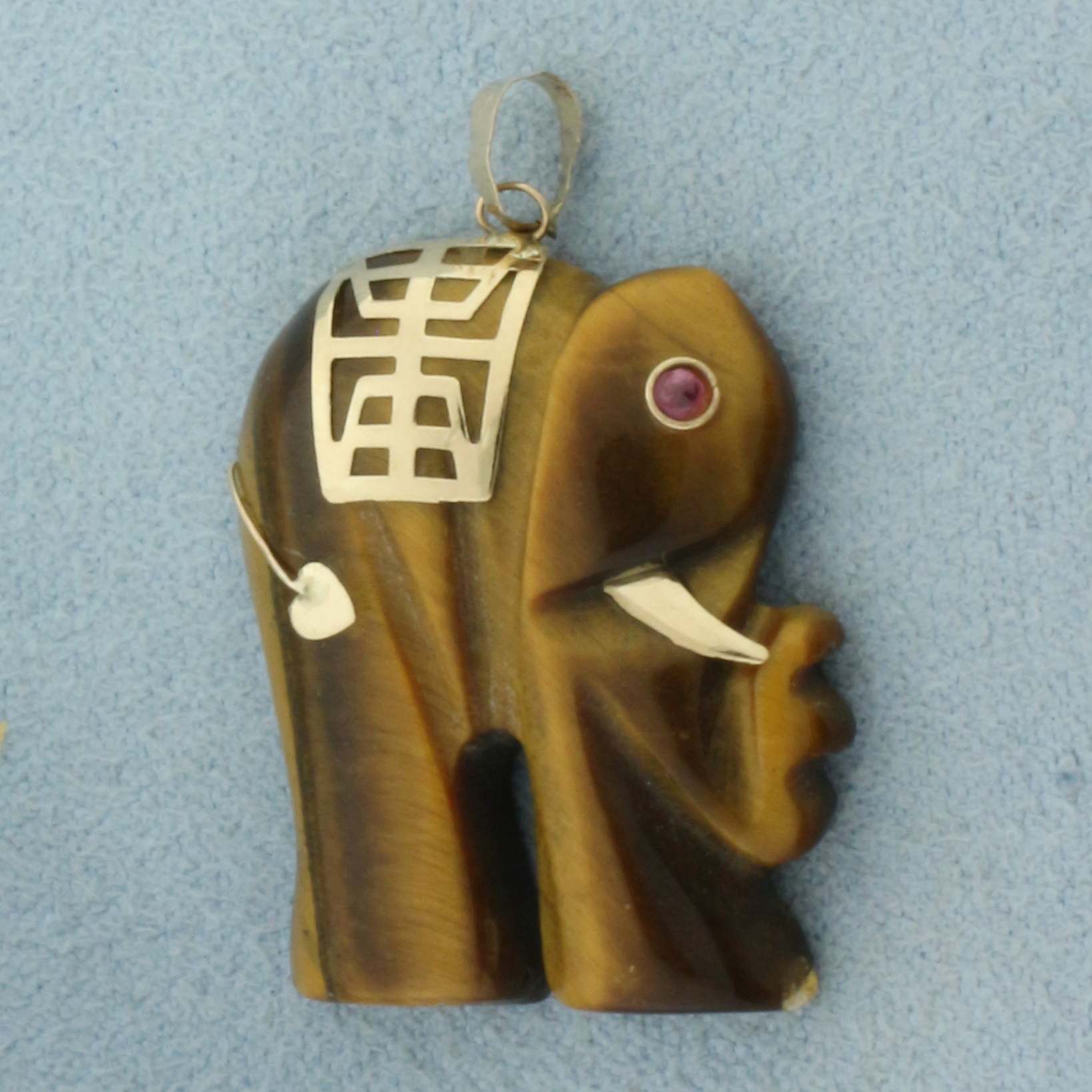 Chinese Good Luck Tigers Eye and Ruby Elephant Pendant in 14k Yellow Gold