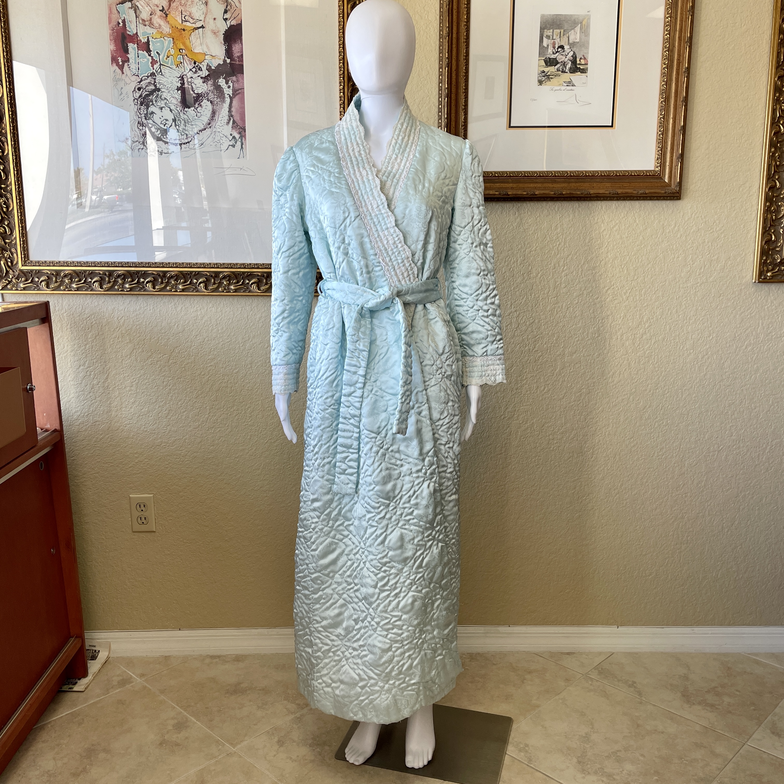 Christian Dior Vintage Loungewear Quilted Blue Satin and Lace Robe ...