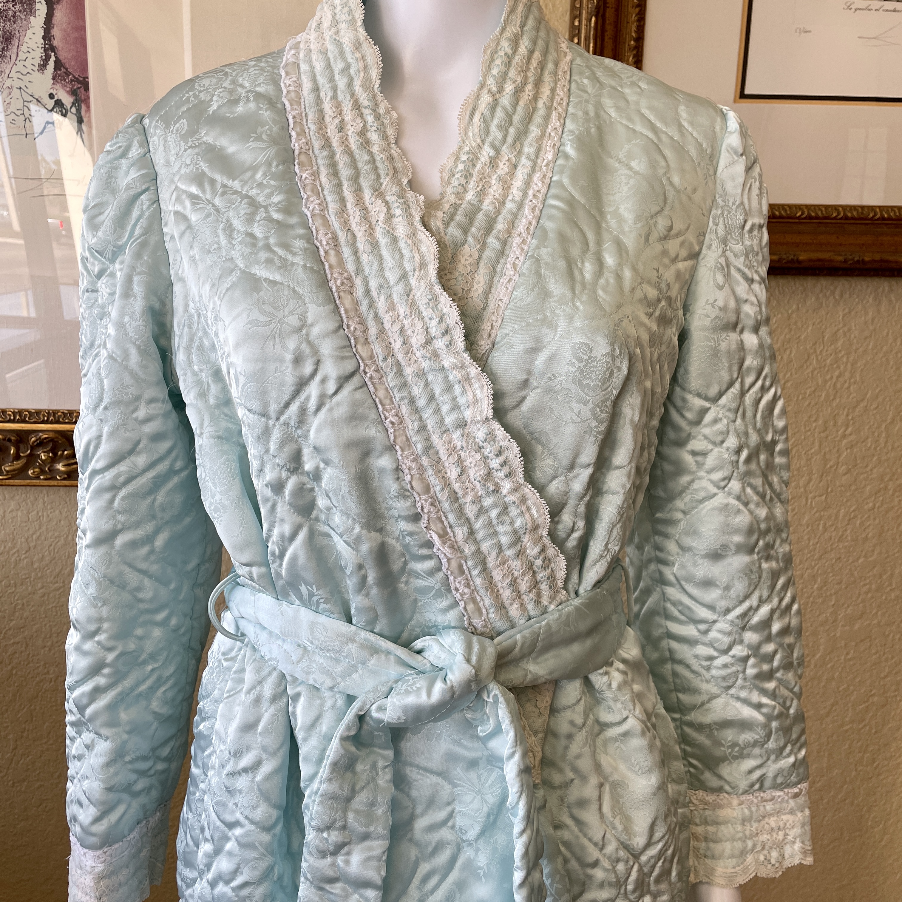 Christian Dior Vintage Loungewear Quilted Blue Satin and Lace Robe ...