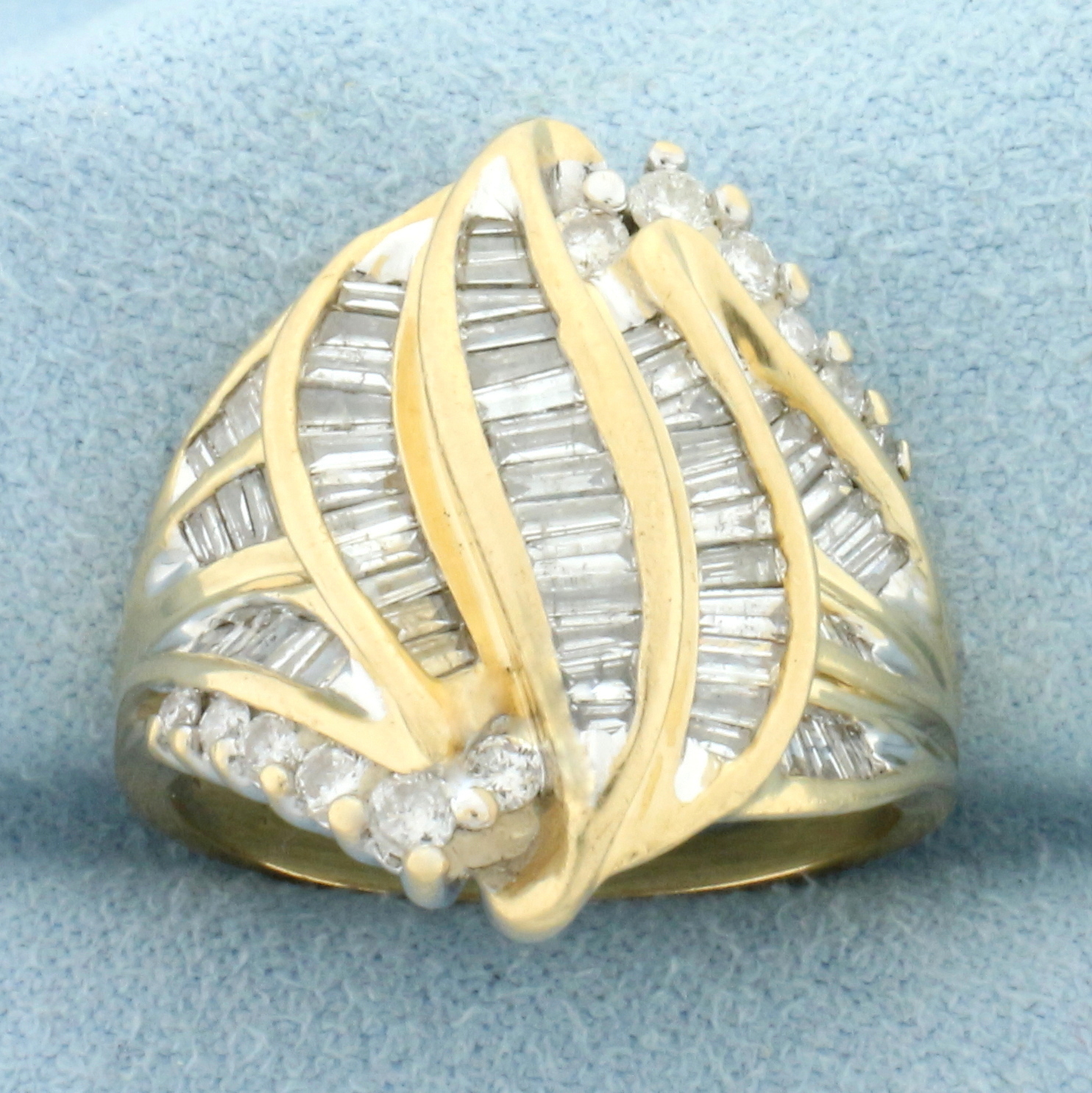 Designer Baguette and Round Diamond Statement Ring in 14k Yellow Gold