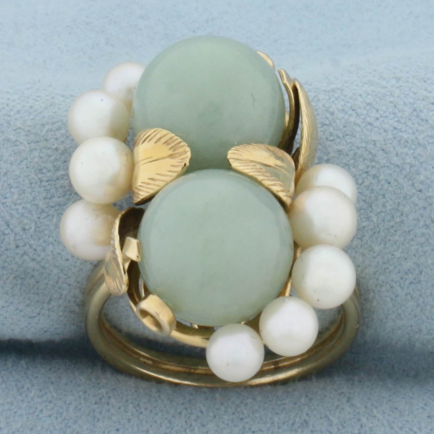 Designer Ming's Hawaii Jade and Pearl Leaf Design Ring in 14K Yellow Gold