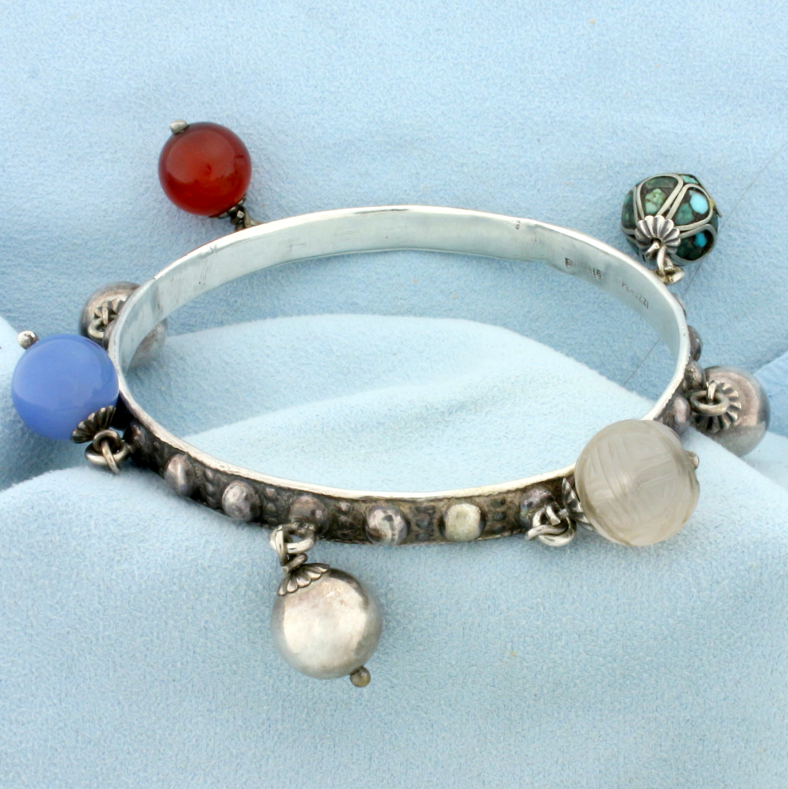 Designer Perruzzi Bangle Bracelet With Gemstone Dangle Beads in Sterling Silver