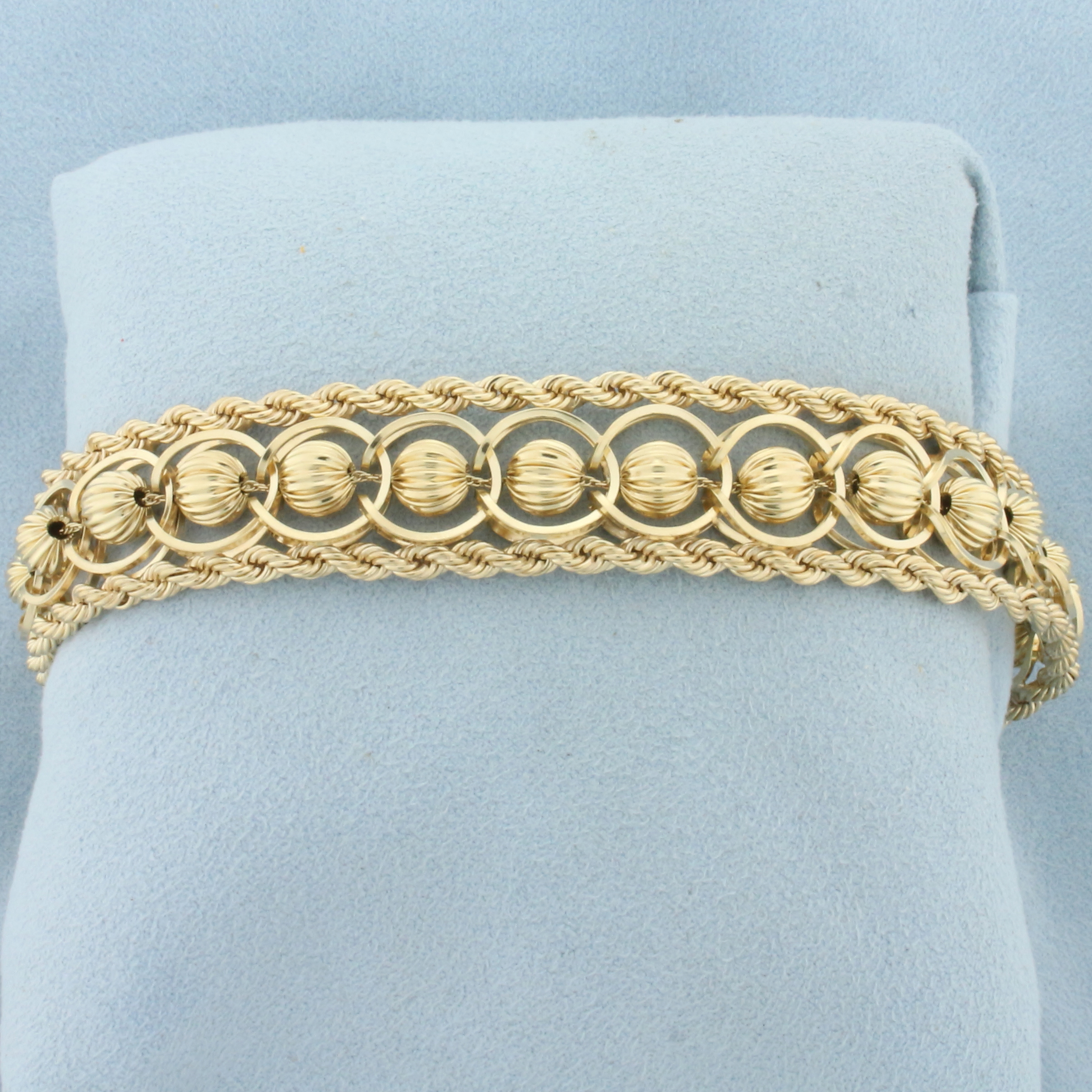 Designer Rope And Scalloped Bead Charm Bracelet In 14k Yellow Gold ...