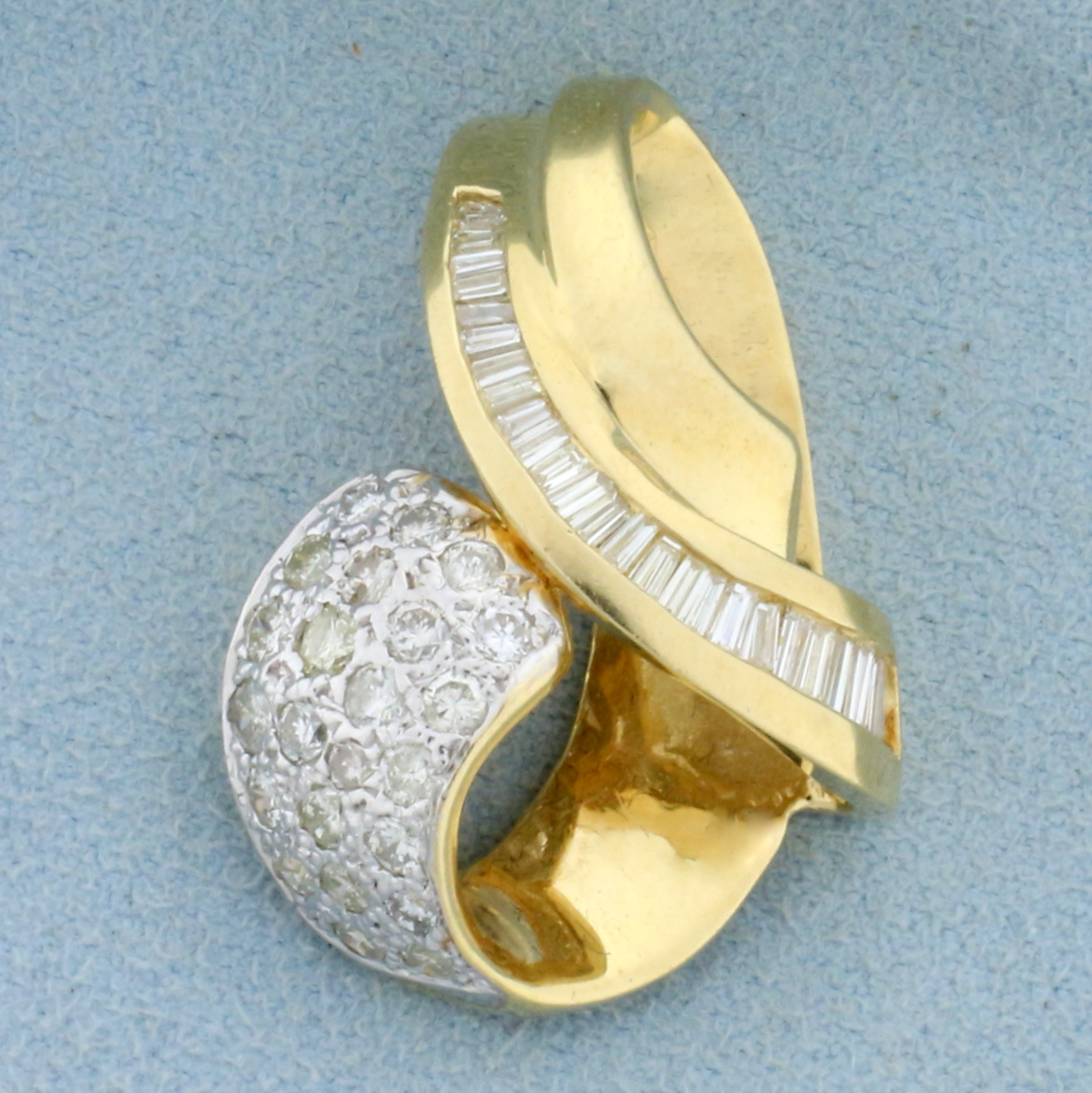 Designer Round and Baguette Diamond Pendant or Slide in 14K Yellow Gold