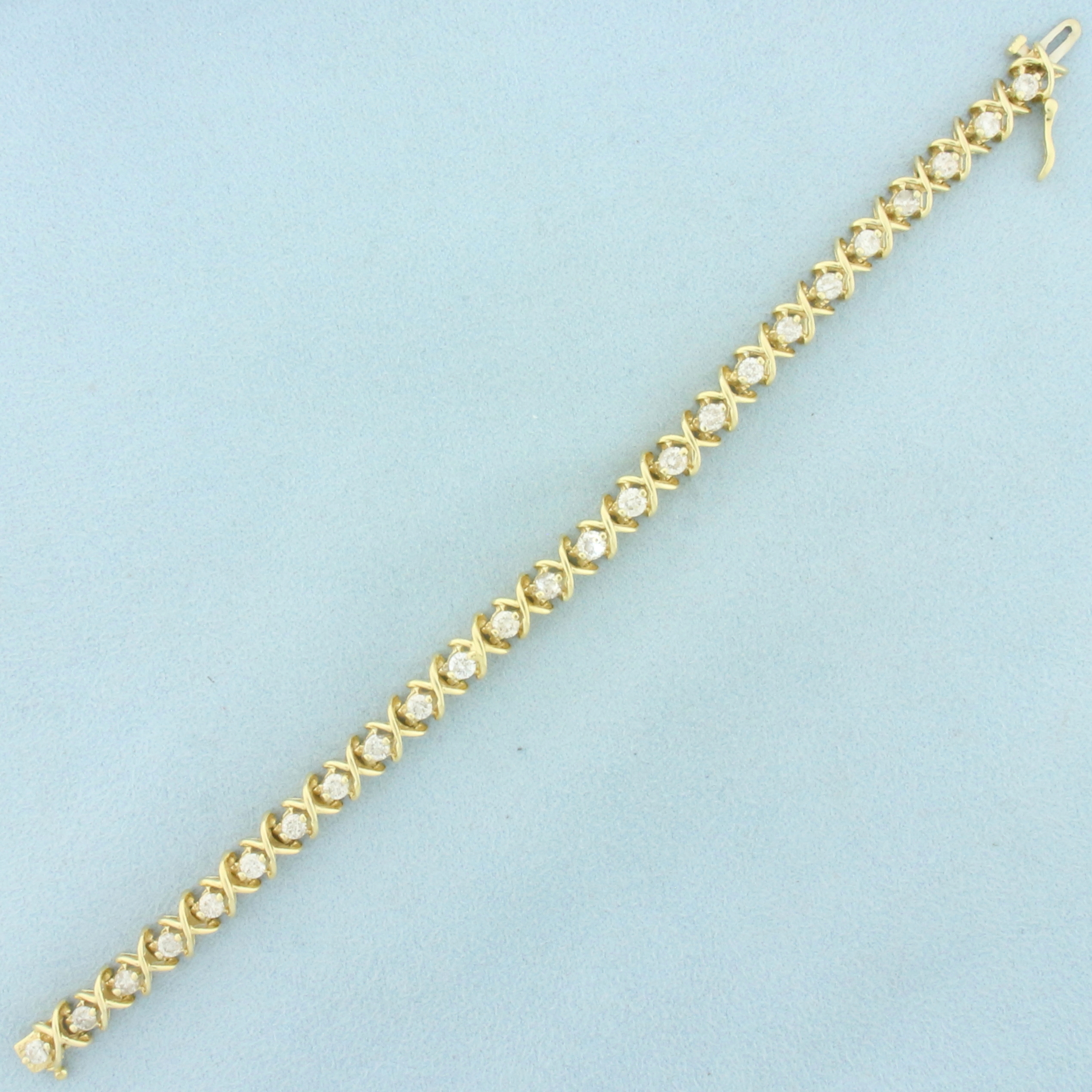 Designer X and O Diamond Tennis Bracelet in 14k Yellow Gold