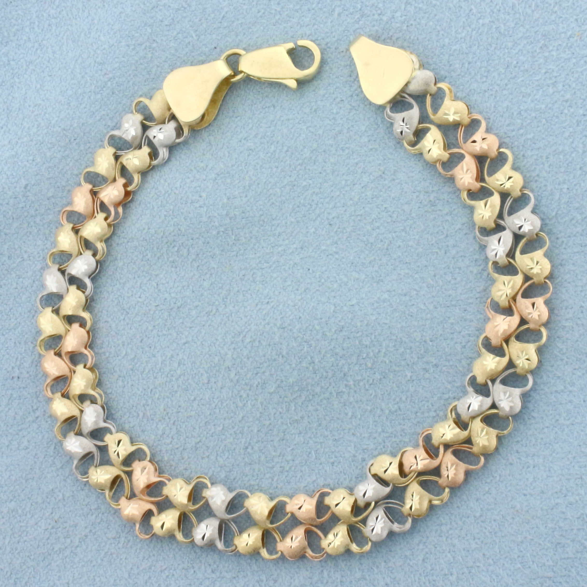 Diamond Cut Heart Link Bracelet in 14k Yellow, Rose, and White Gold