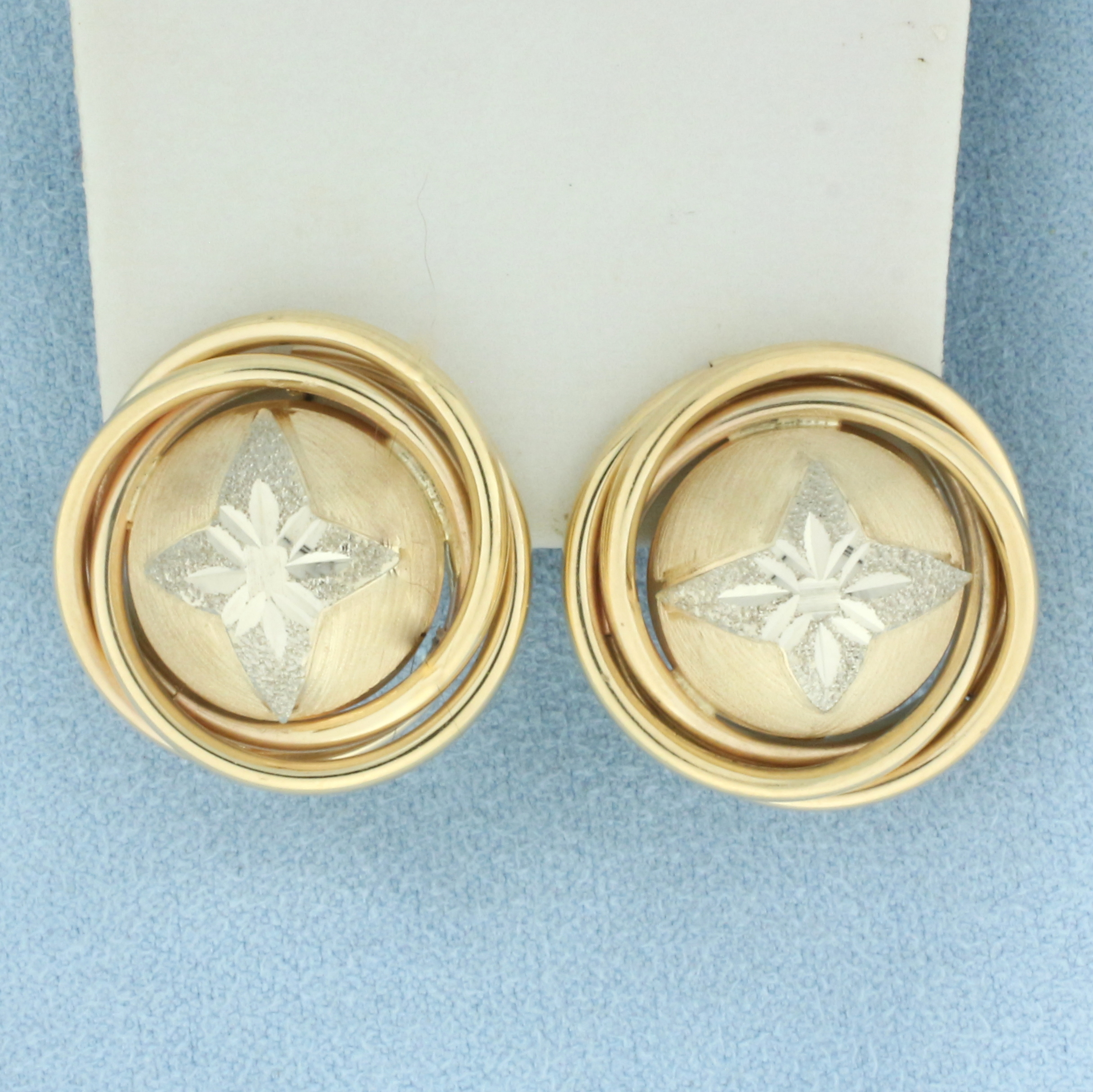 Diamond Cut Star Button Earrings in 14k Yellow and White Gold