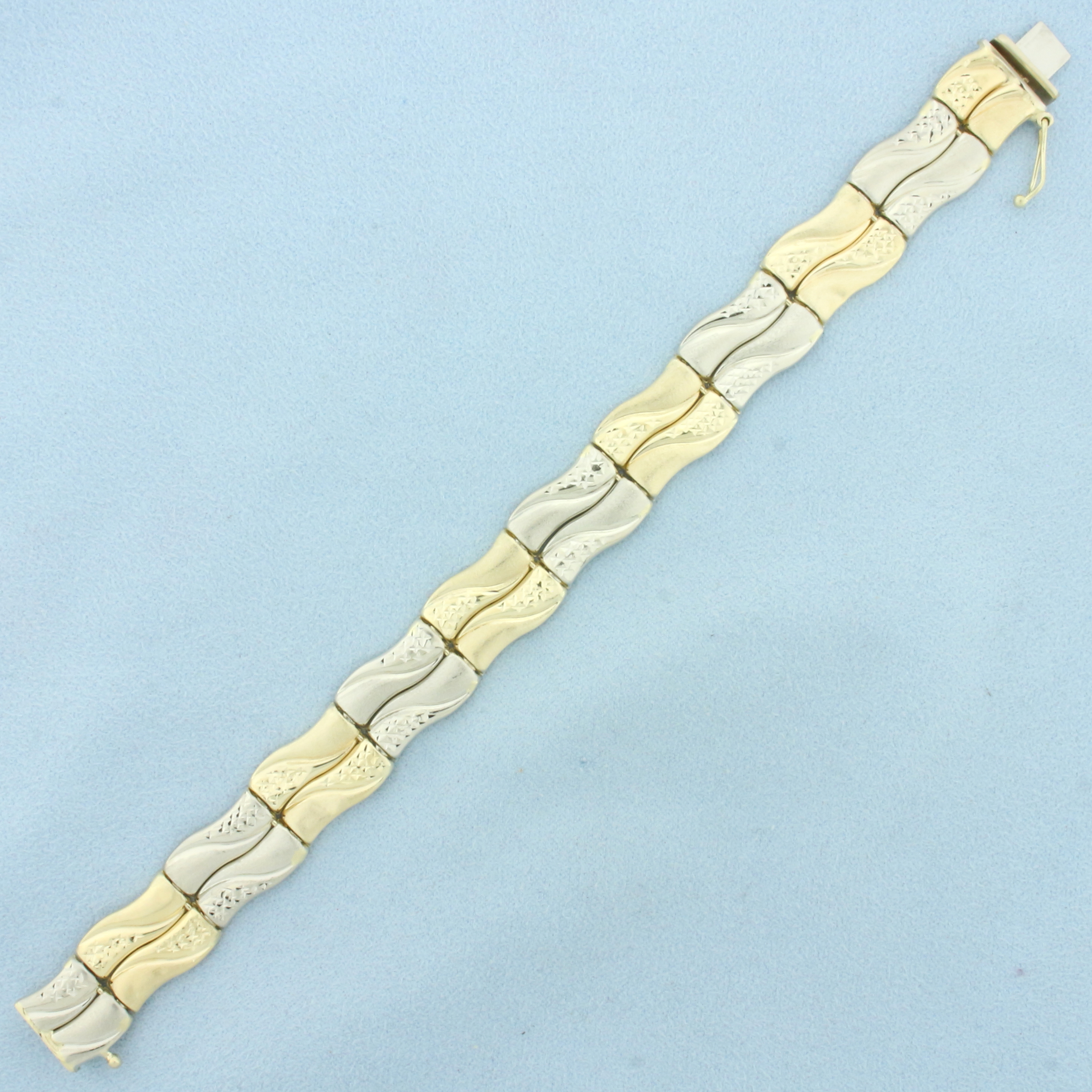 Diamond Cut Wave Design Bar Bracelet in 14k Yellow and White Gold