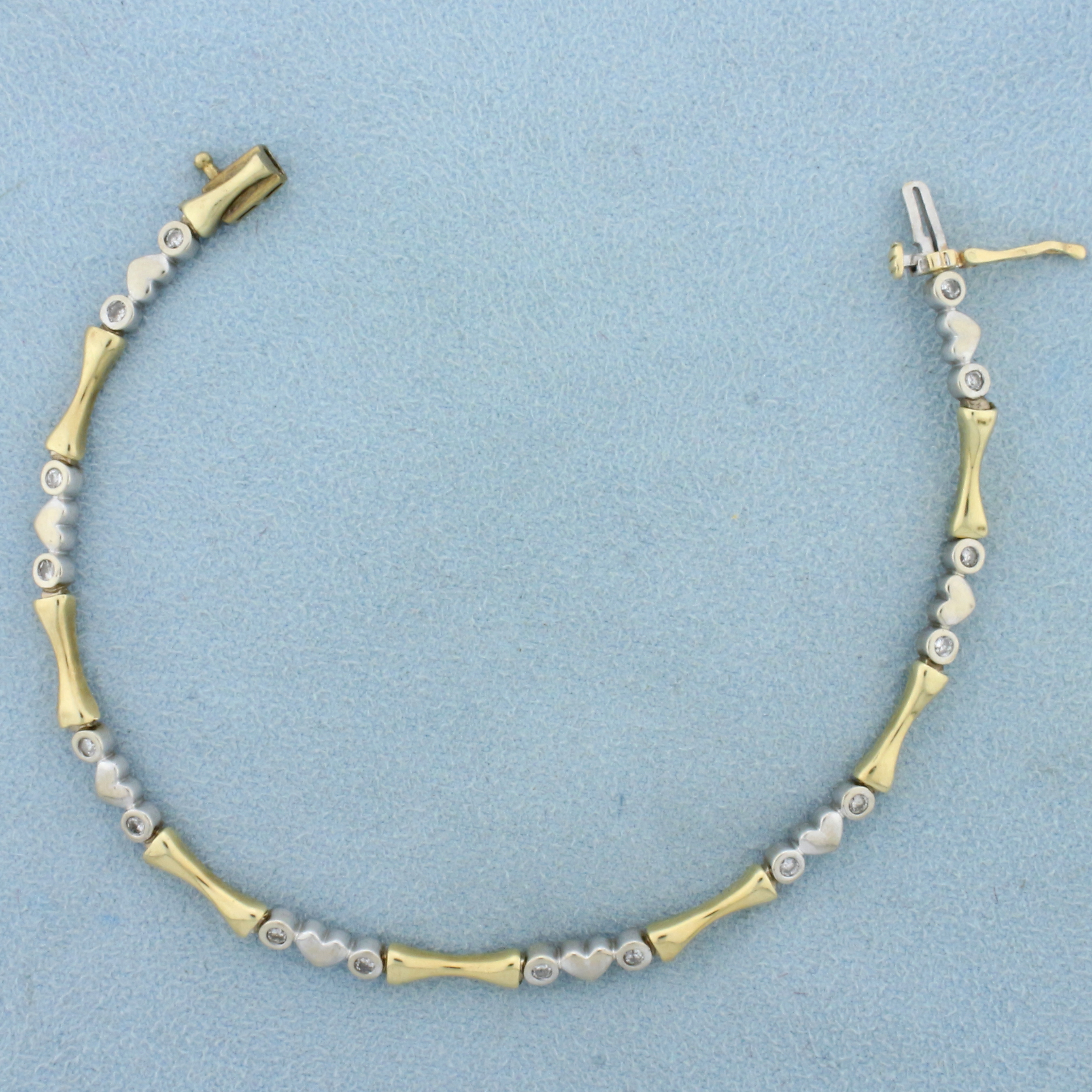 Diamond Heart Link Two Tone Bracelet in 14K Yellow and White Gold