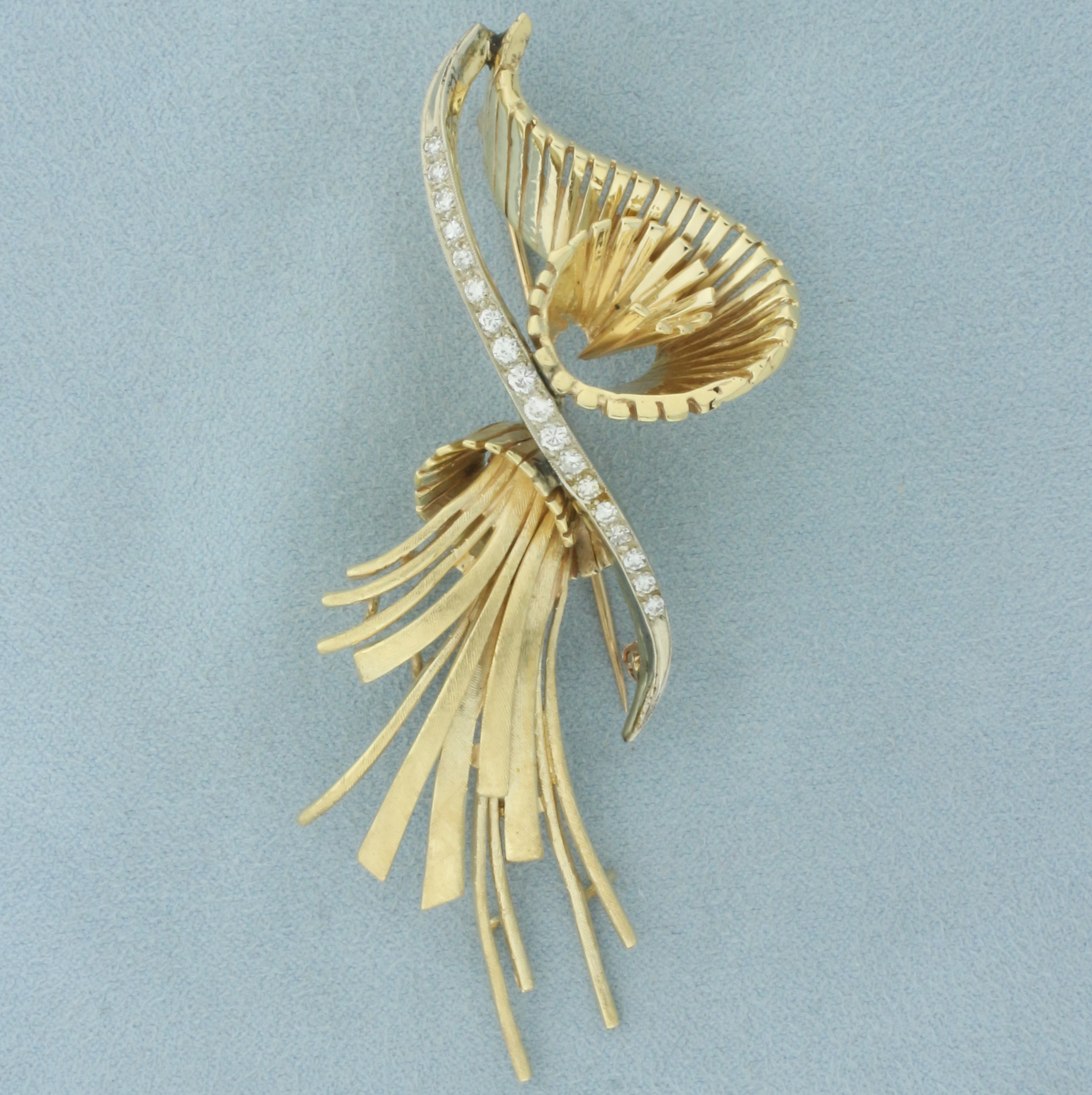 Diamond Tassel and Spiral Design Brooch in 14k Yellow Gold
