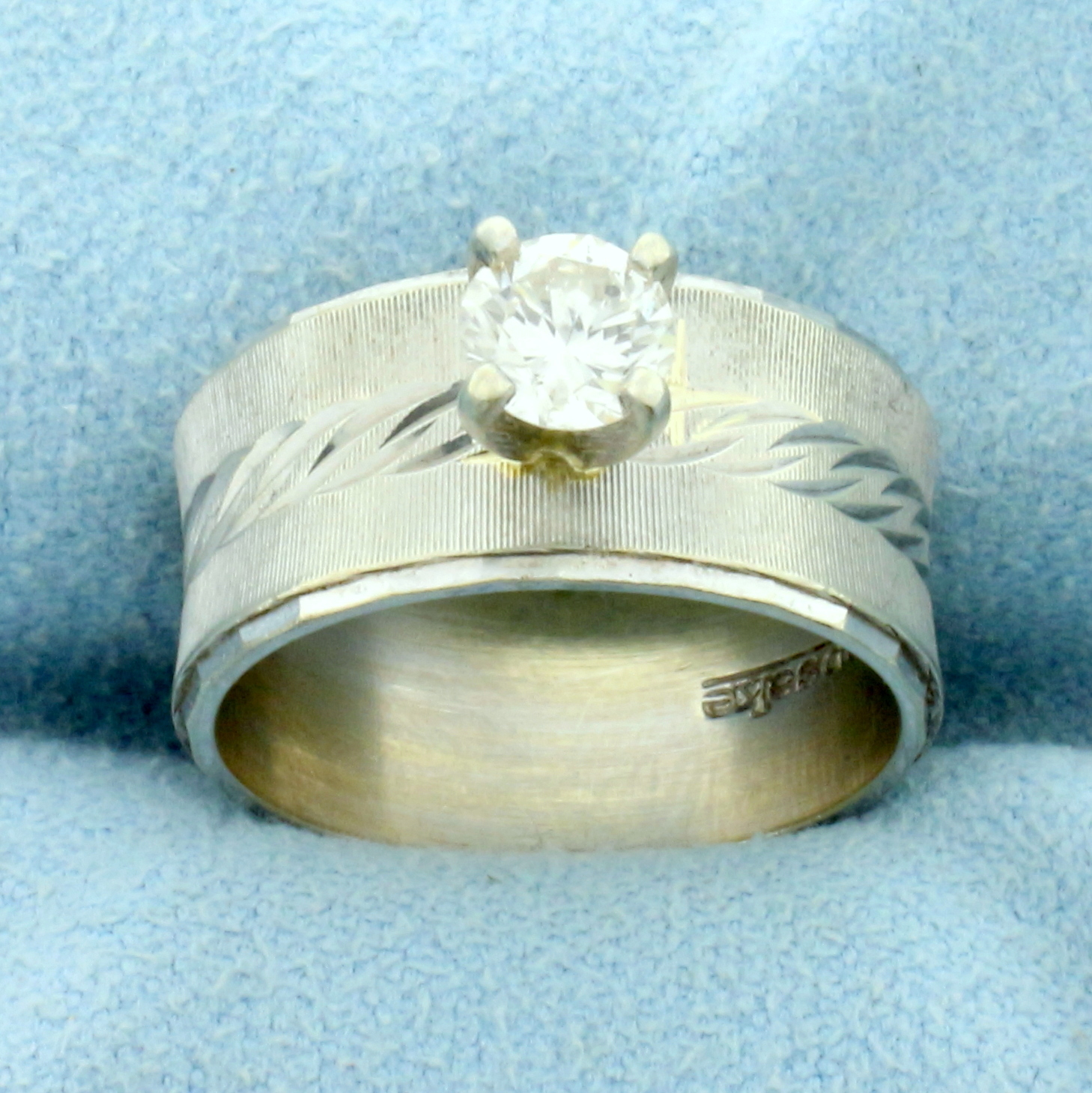 Diamond Wide Band Solitaire Engagement Ring in 14K White Gold