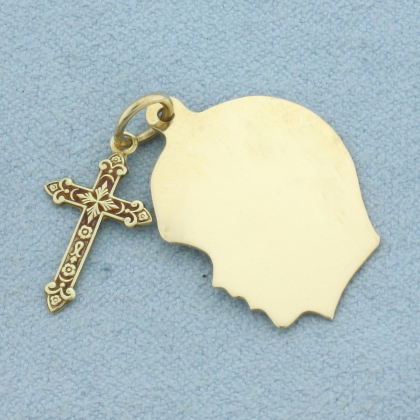 Engravable Boy Silhouette and Cross Charm n 14k Yellow Gold