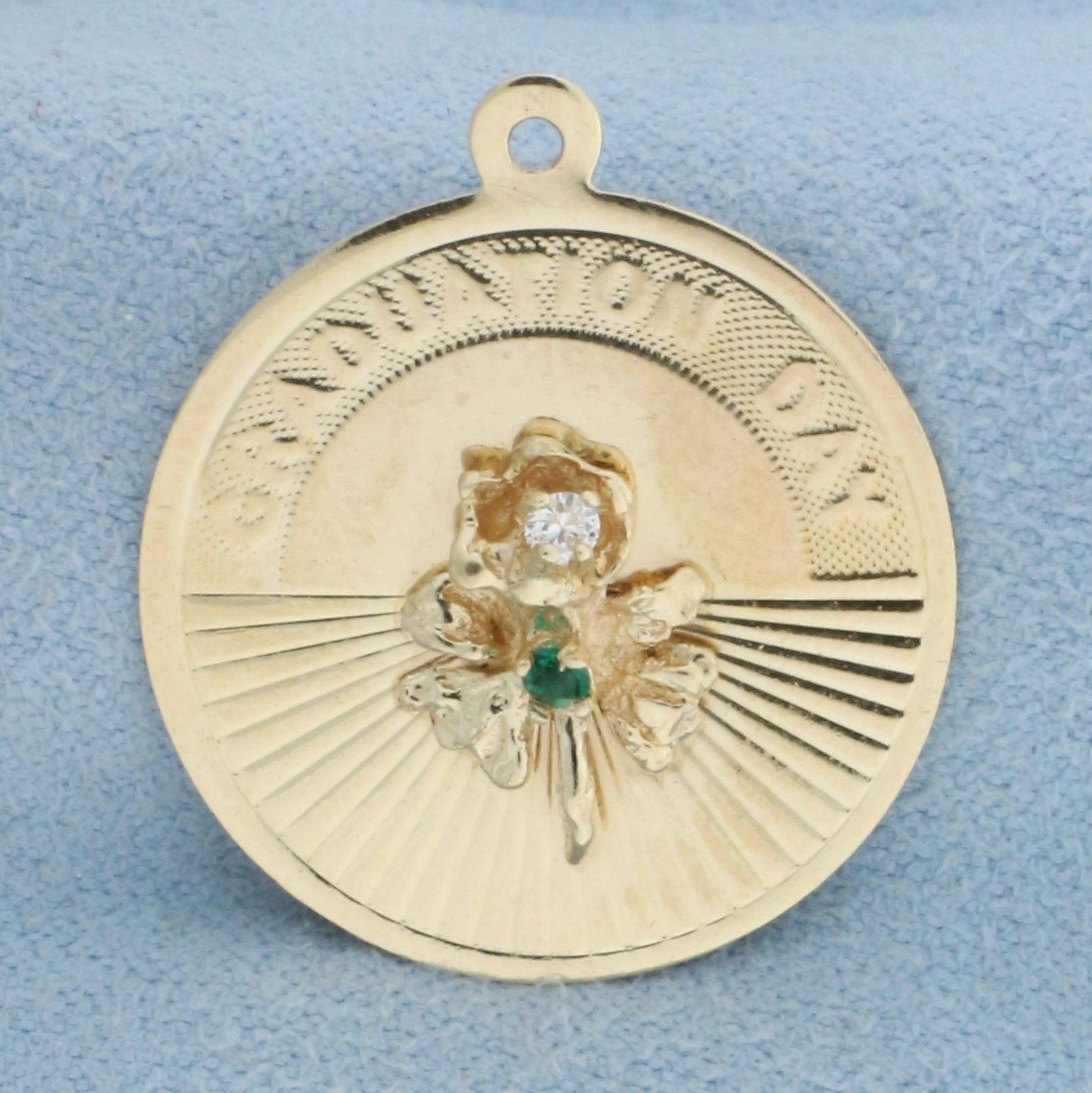 Engravable Graduation Day Diamond and Emerald Charm in 14k Yellow Gold ...