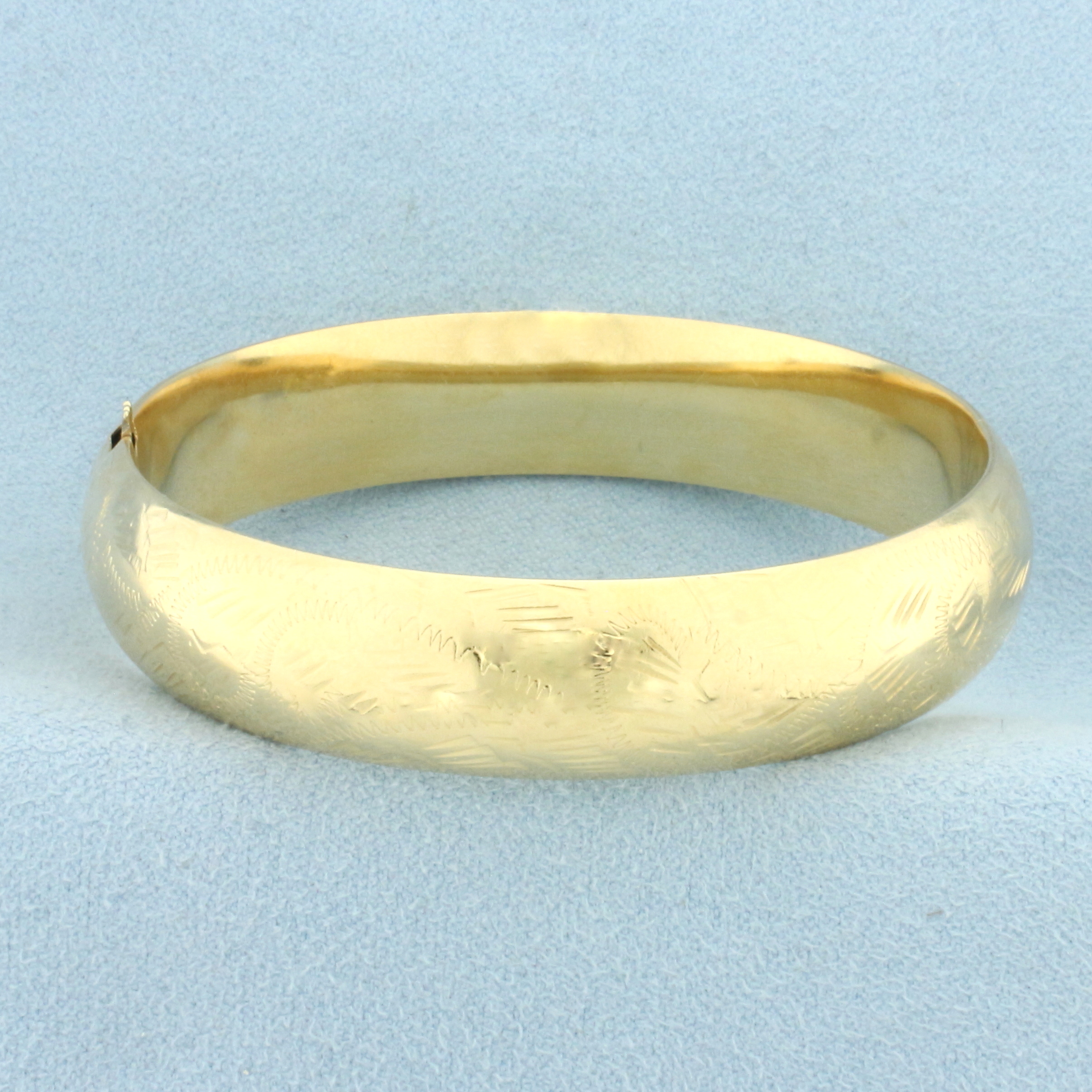 Engraved Hinged Wide Bangle Bracelet in 14k Yellow Gold