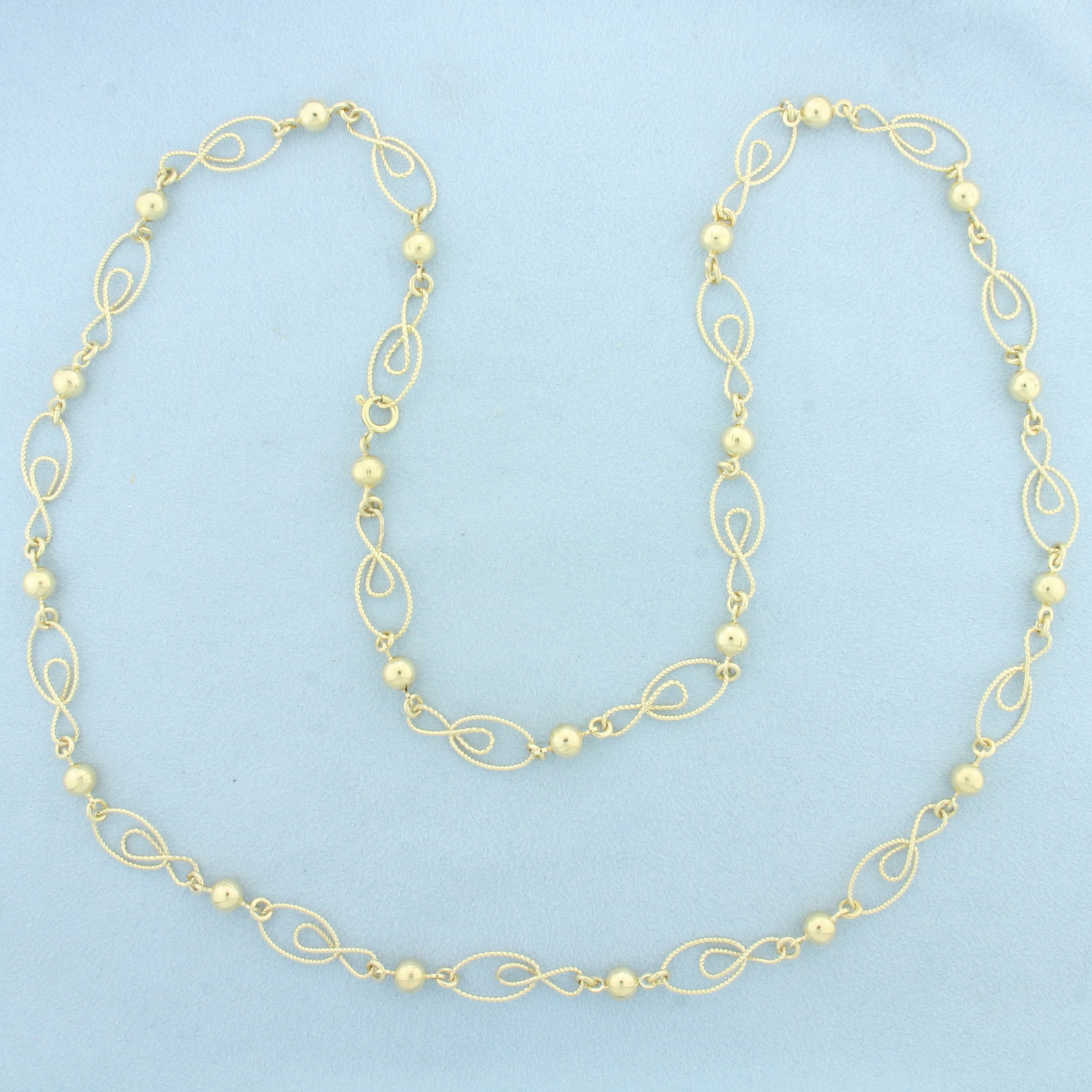 Extra Long Designer Link Ball Bead Necklace in 14k Yellow Gold