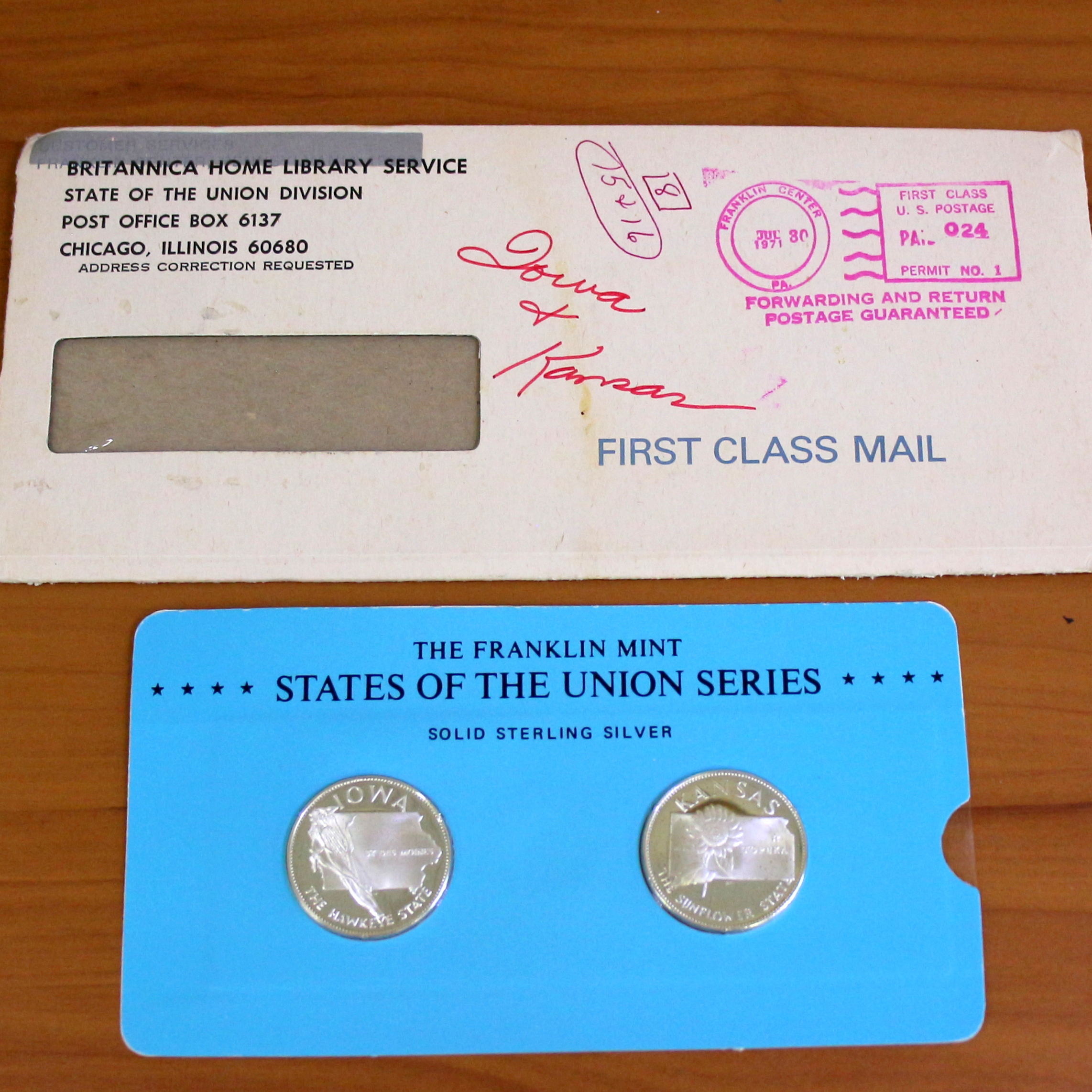 Franklin Min States of the Union Sterling Silver Coins Iowa and Kansas Original Packaging