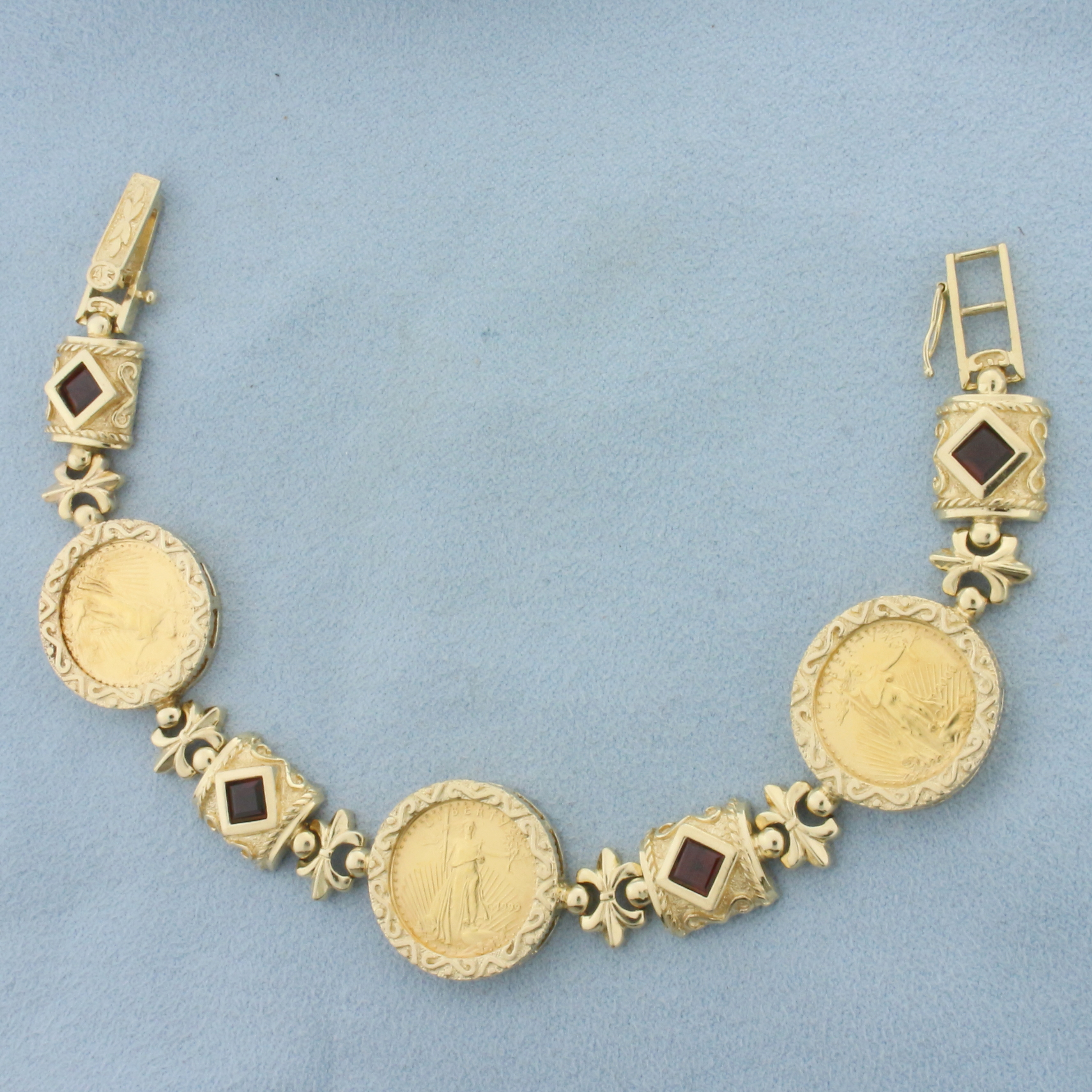Gold Eagle Bullion Coin and Garnet Bracelet in 14k Yellow Gold
