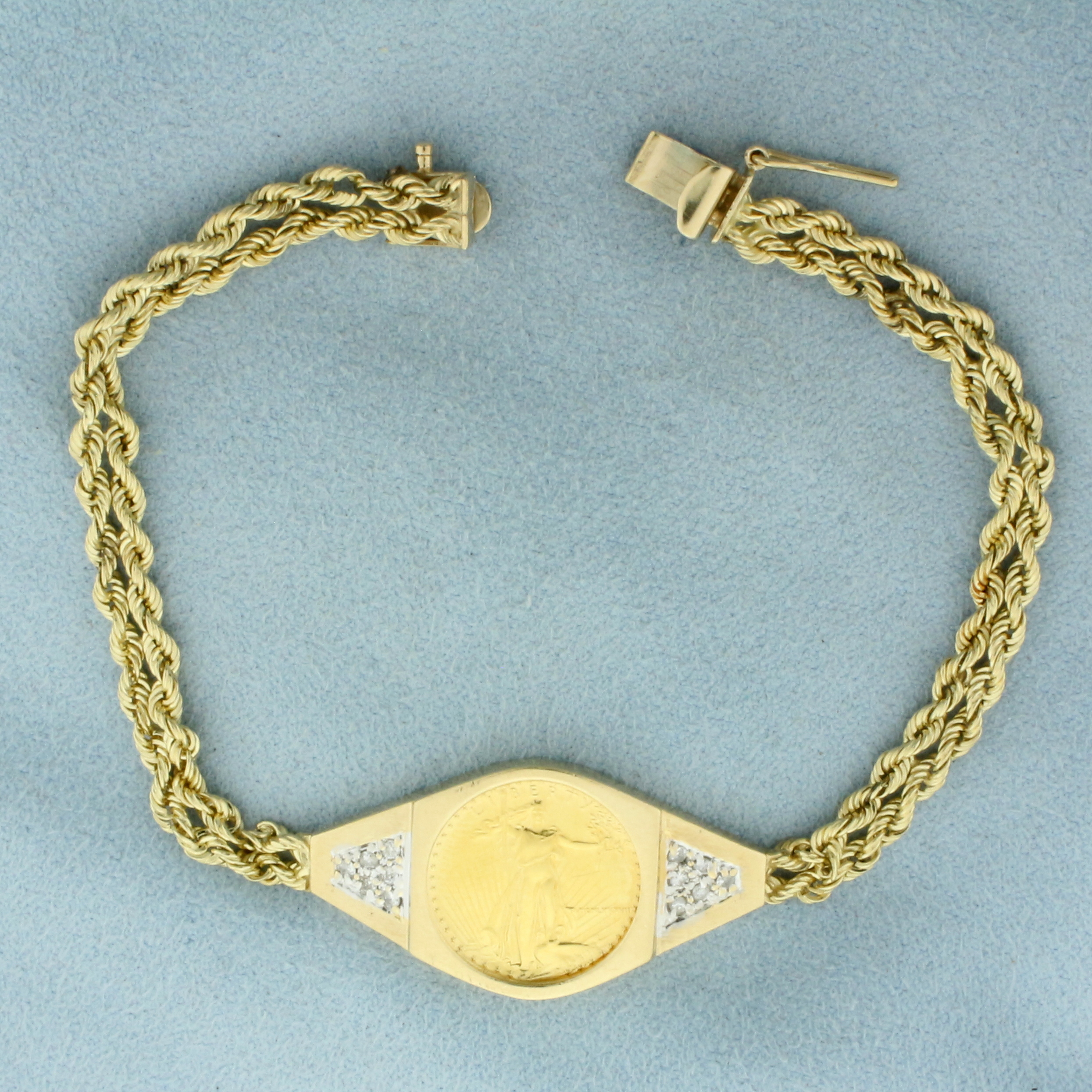Gold Eagle Coin and Diamond Rope Bracelet in 14k Yellow Gold