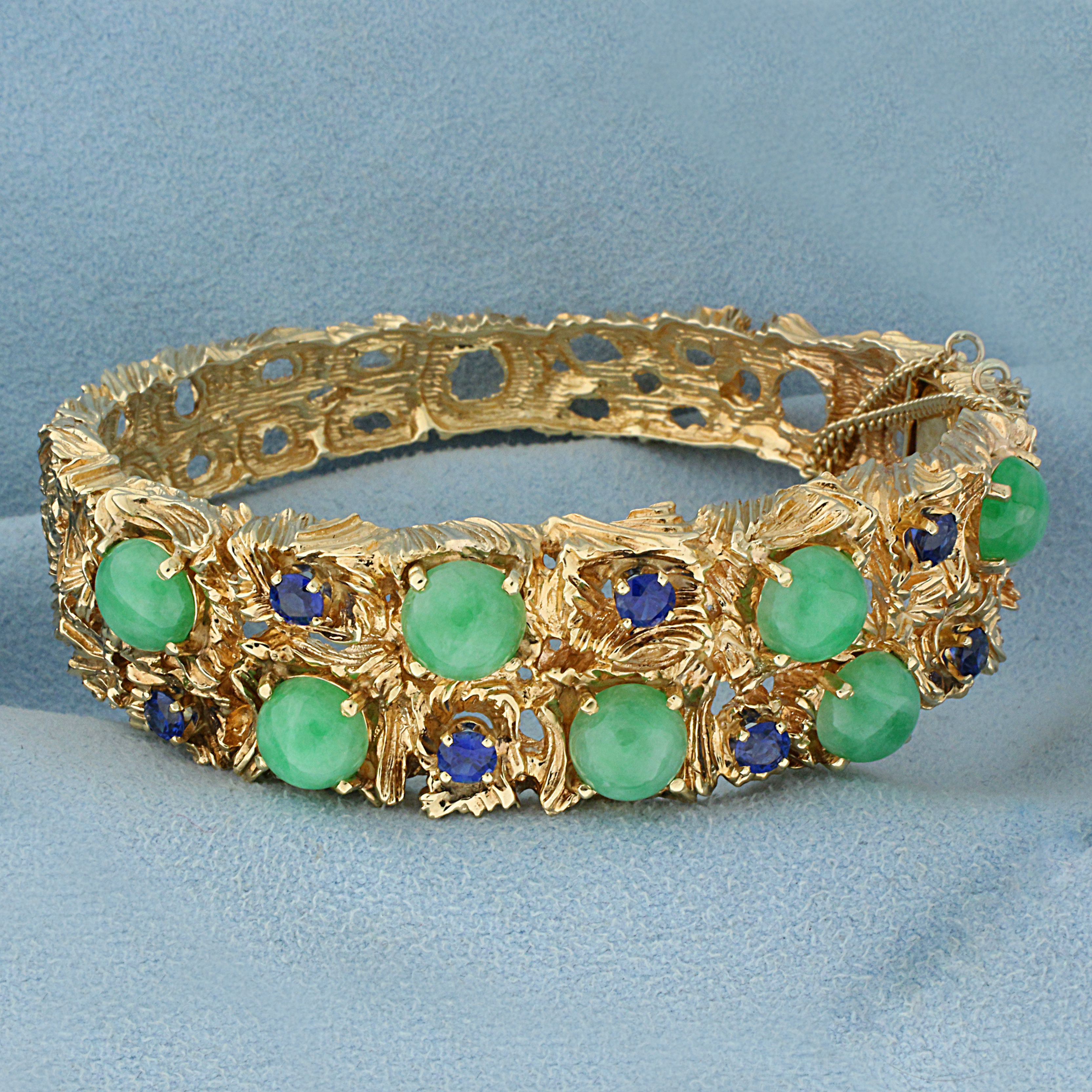 Graduated Natural Sapphire and Jade Heavy Bangle Bracelet in 14K Yellow Gold