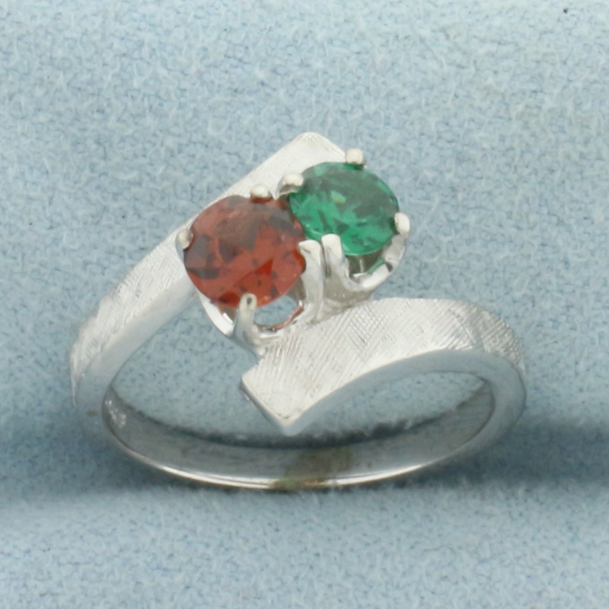 Green  and Red Garnet Toi et Moi Ring in 14k White Gold