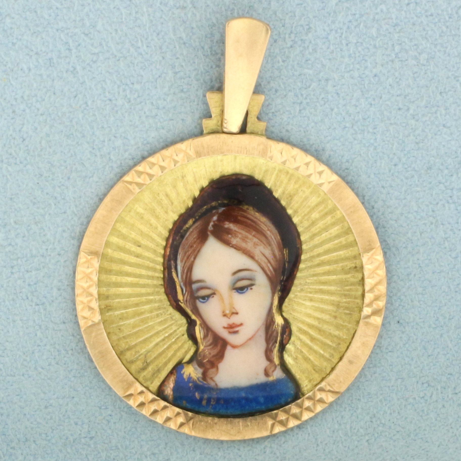 Hand Painted Virgin Mary Pendant in 18k Rose Gold