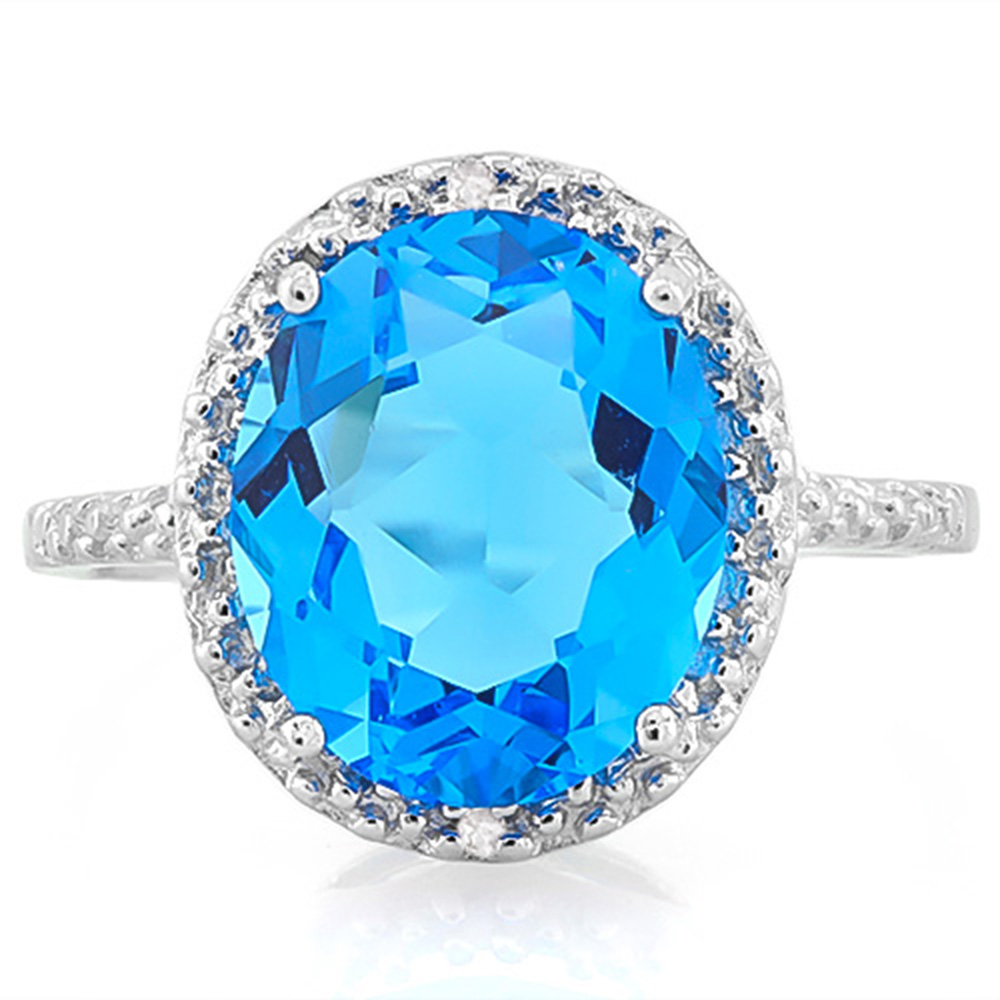 Genuine Swiss Blue Topaz and Lab Grown Diamond Silver Halo Statement Necklace