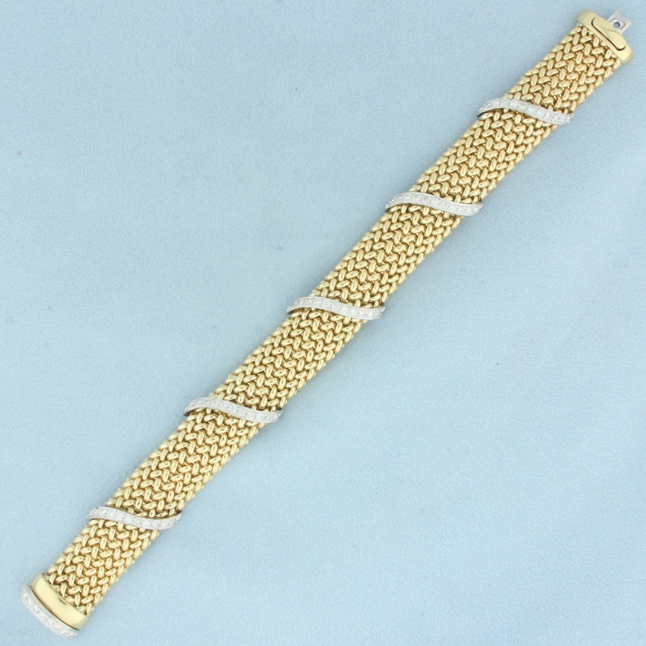 Italian Diamond Stripe Design Wide Mesh Bracelet in 14k Yellow Gold