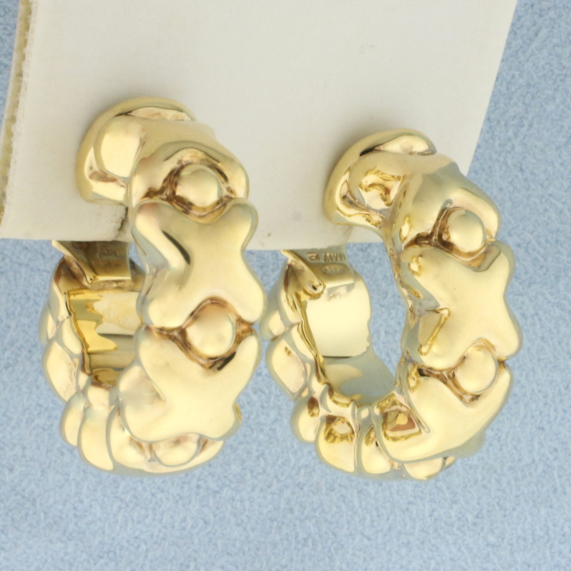 Italian Puffy X Design Hoop Earrings in 14k Yellow Gold