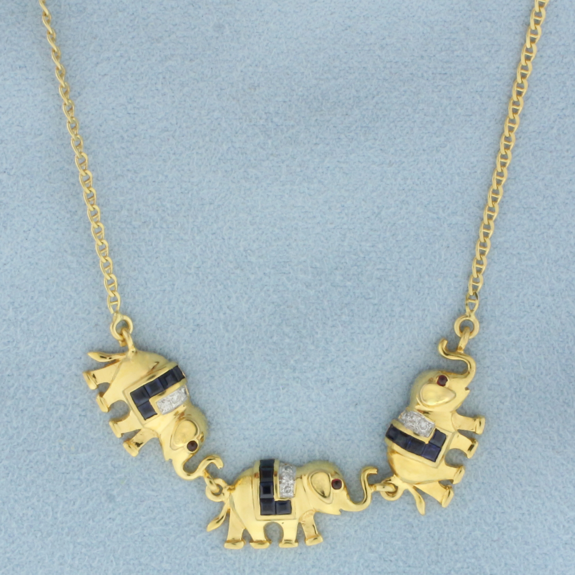 Italian Sapphire, Ruby, and Diamond Elephant Necklace in 18k Yellow Gold