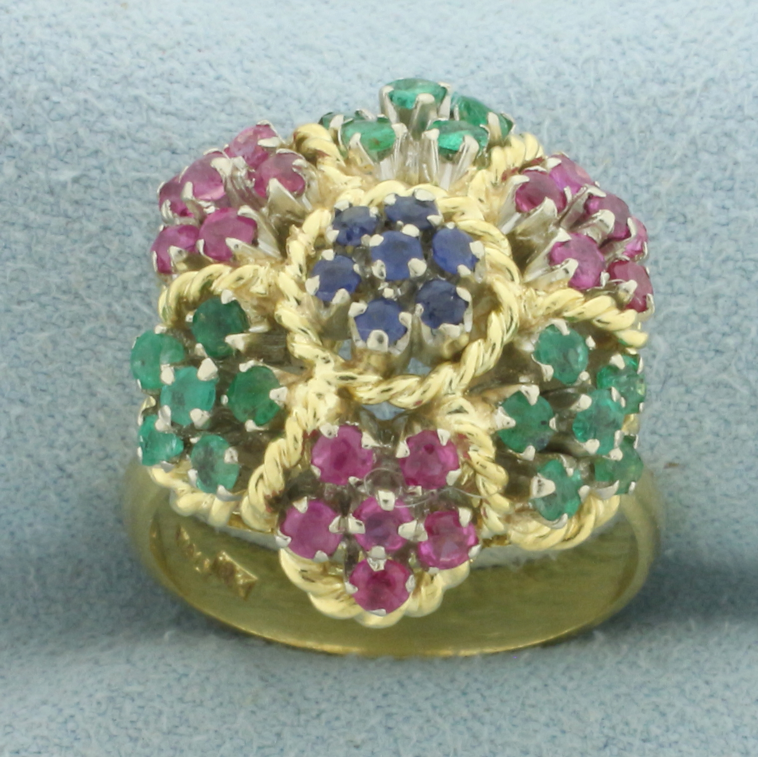 Italian Sapphire Ruby and Emerald Flower Ring in 18k Yellow Gold