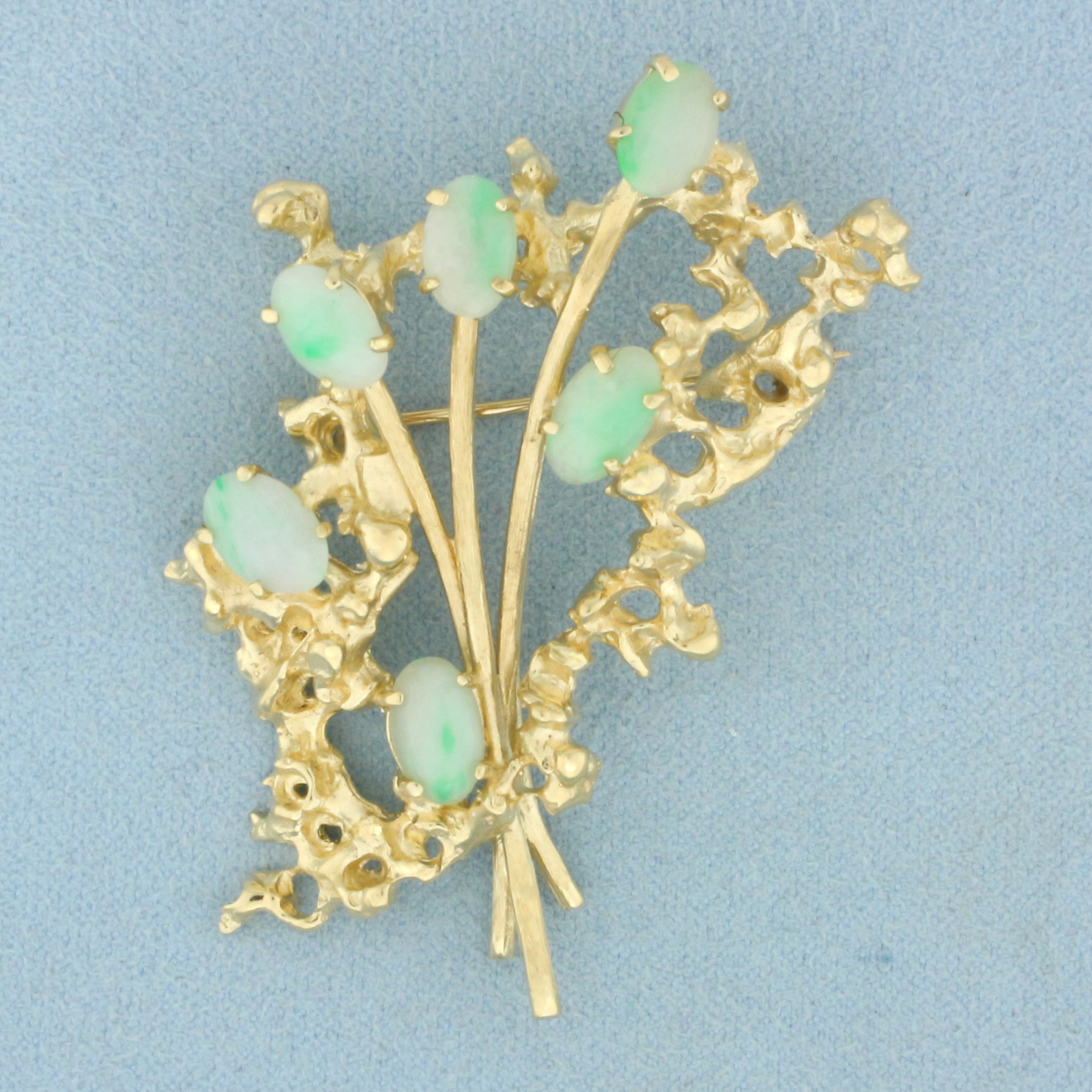 Jade Flower Bouquet Brooch in 14k Yellow Gold
