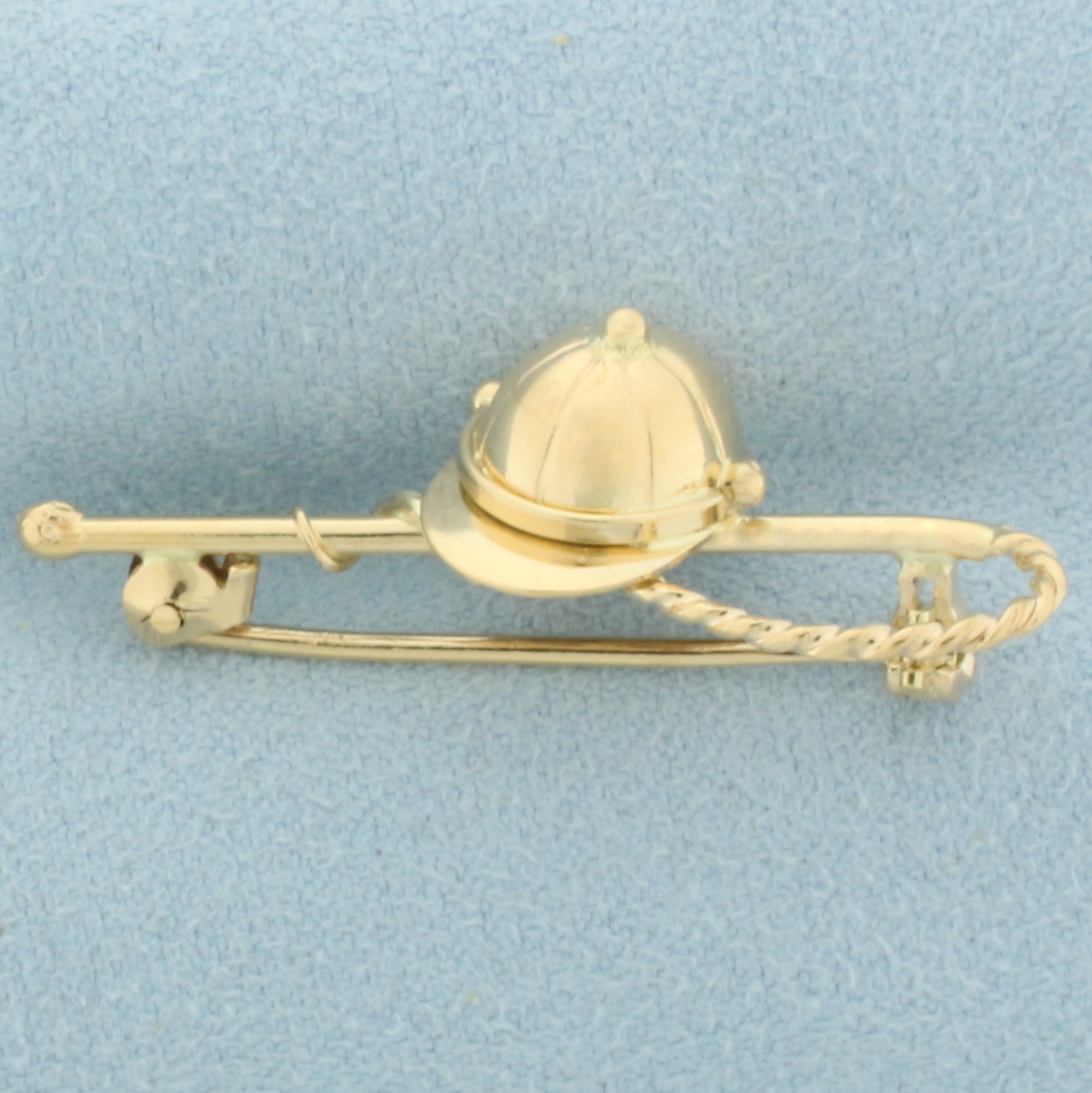 Jockey Helmet Riding Crop Racing Horse Brooch in 18k Yellow Gold