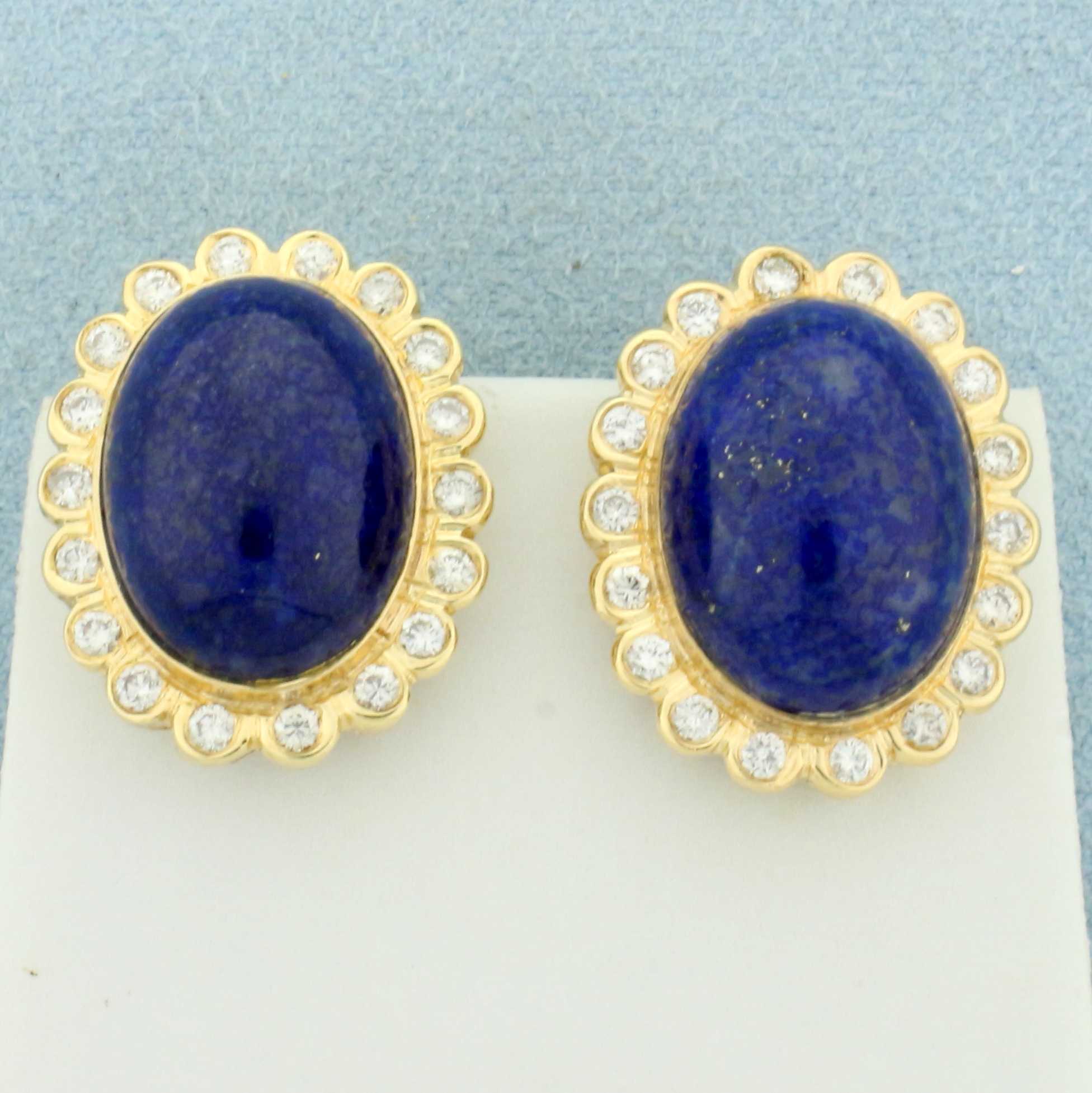 Lapis Lazuli And Diamond Halo Earrings in 14k Yellow Gold