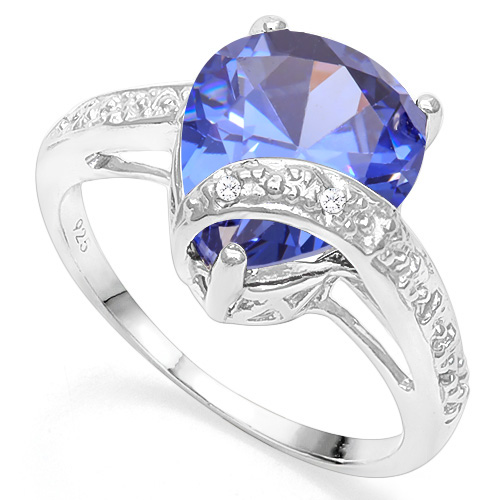 Large 3D Lab Tanzanite & Diamond Ring in Sterling Silver