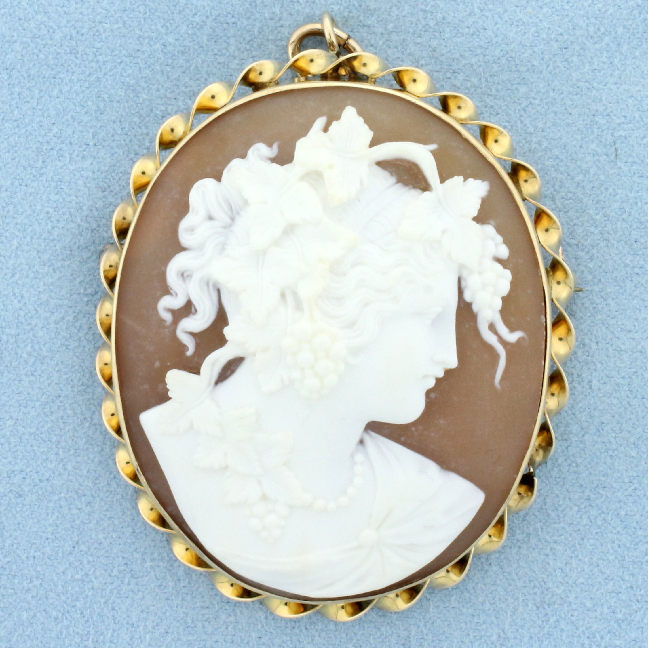 Large Vintage Shell Cameo Pin or Pendant in 10k Yellow Gold