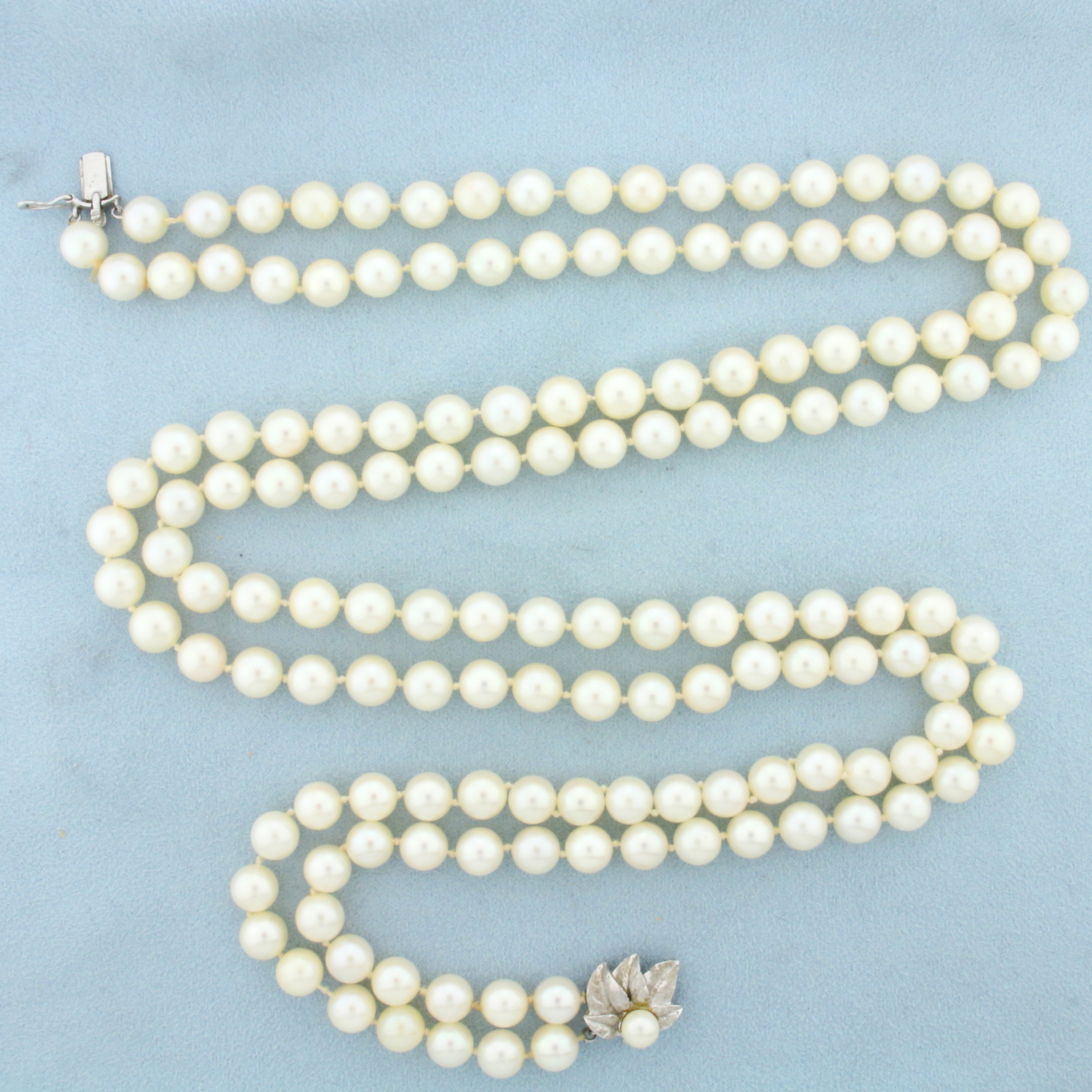 Long 25 Inch Vintage Akoya Pearl Double Strand Necklace in 14K White Gold
