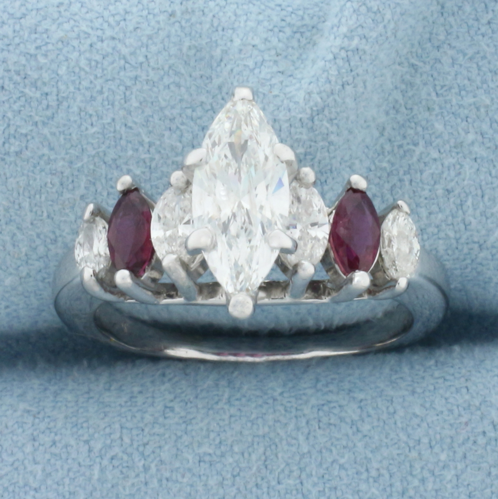 Marquise Diamond and Ruby Engagement Ring in 14k White Gold